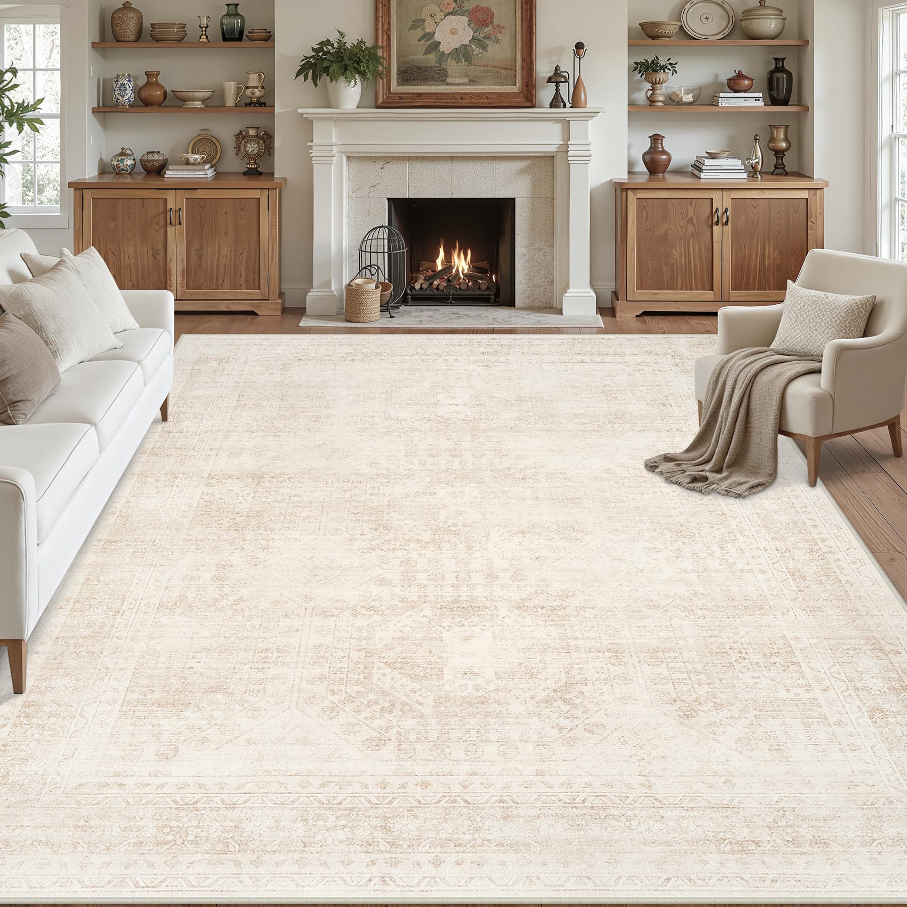 area rugs 9x12 living room: vintage boho neutral washable rug indoor soft large area rug carpet for bedroom nursery farmhouse dining room office floor non-slip low pile under table rug beige