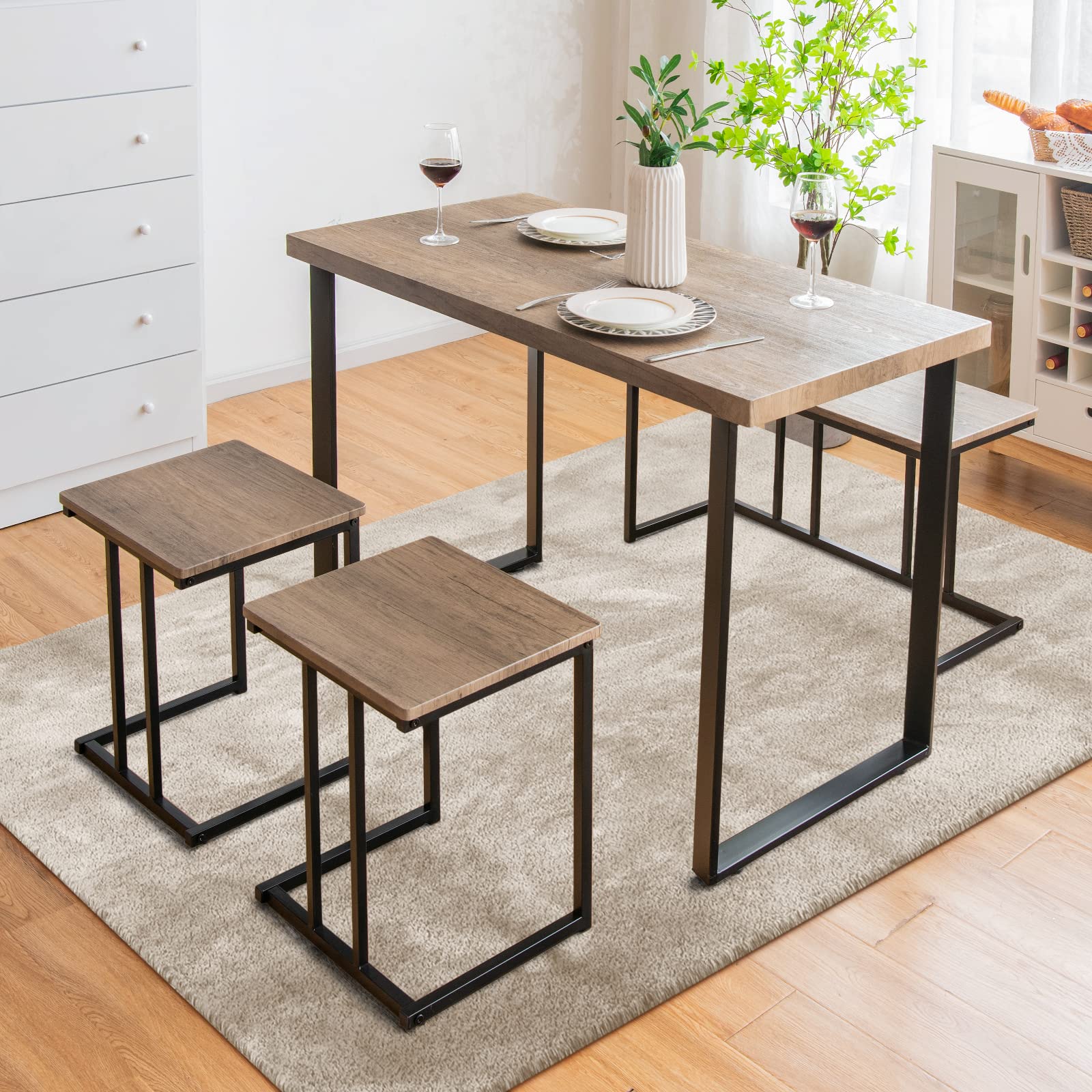 RELAX4LIFE Tavolo da Pranzo 4 Pezzi, Set Tavolo Cucina con Panca 2 Sgabelli, Tavolo da Bar con Struttura in Metallo, Gruppo Sedute per 4 Persone, Design Industriale, Rovere Grigio