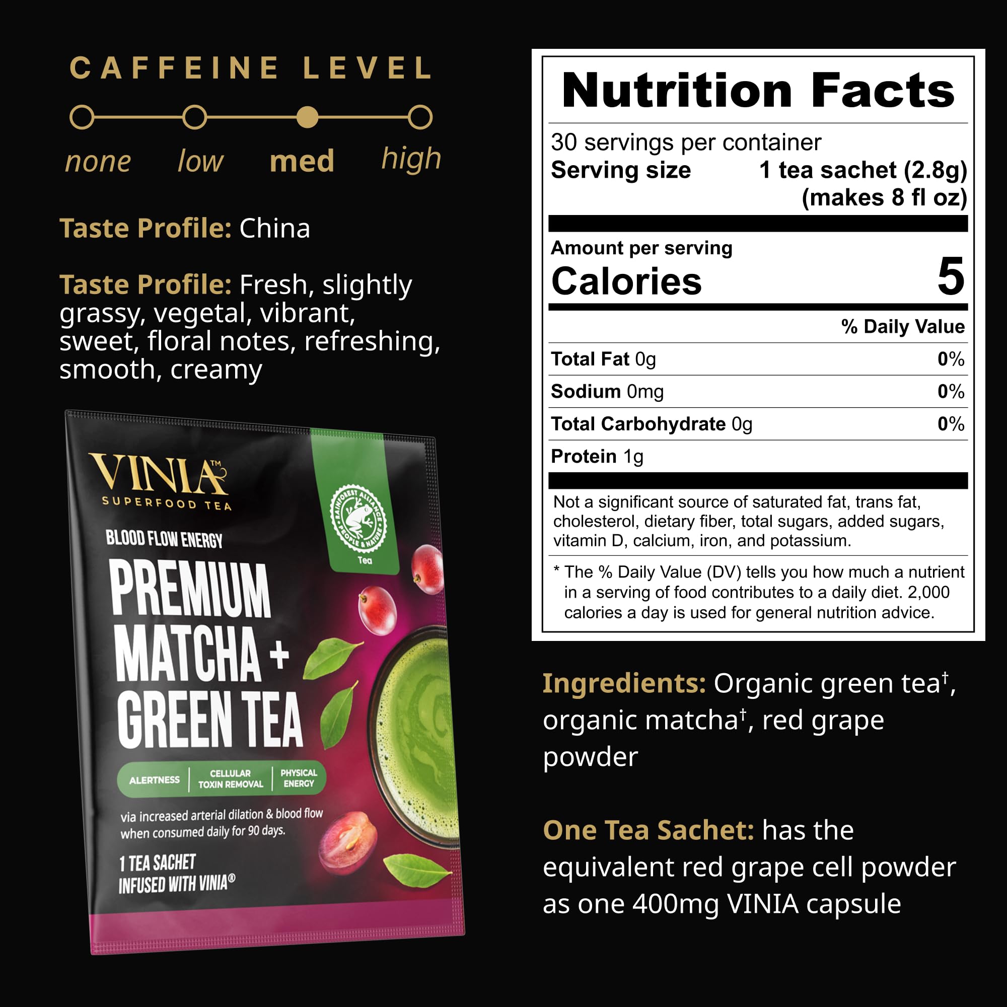 VINIA Premium Matcha Green Tea Bags Made with Organic Tea Infused with Piceid Resveratrol for Heart Health Nitric — view 2