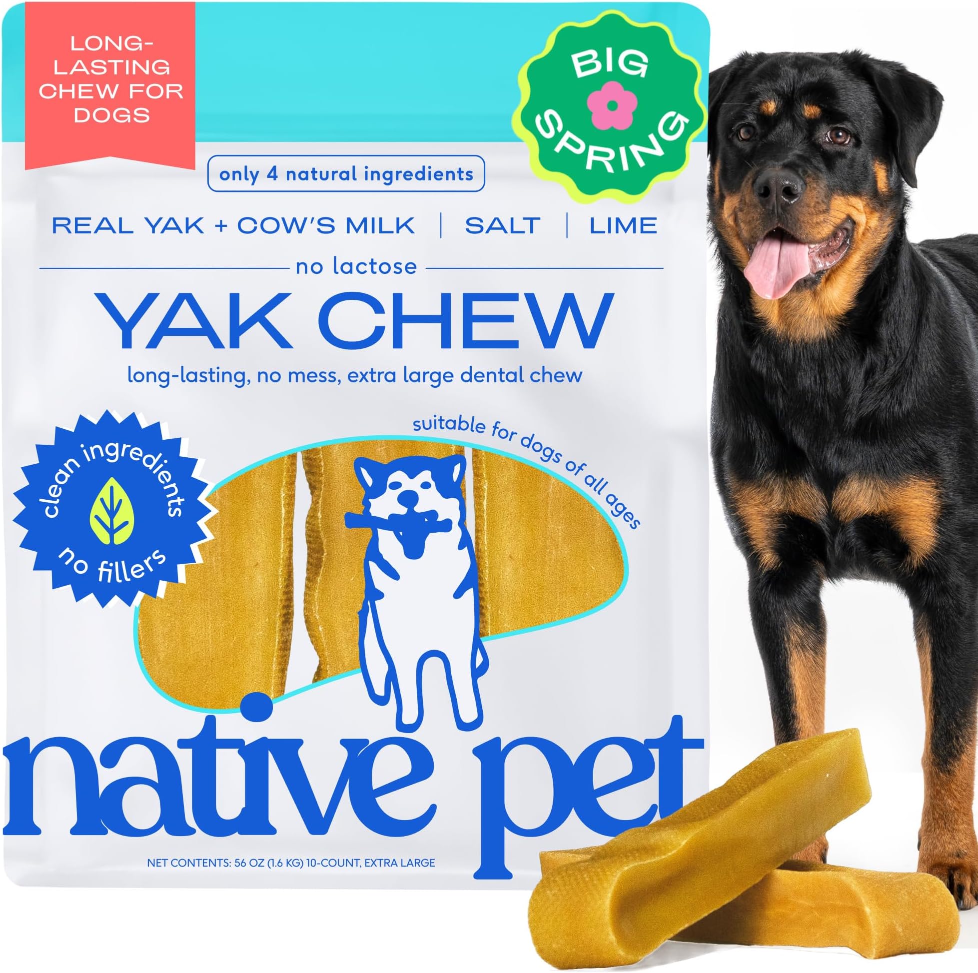 Native Pet Yak Cheese Himalayan Dog Chews XLarge - Long Lasting Dental Sticks for Extra Large Breeds – 100% All Natural Himalayan Yak Chews – Cheese Bone for Aggressive Chewers - 10 Per Pack