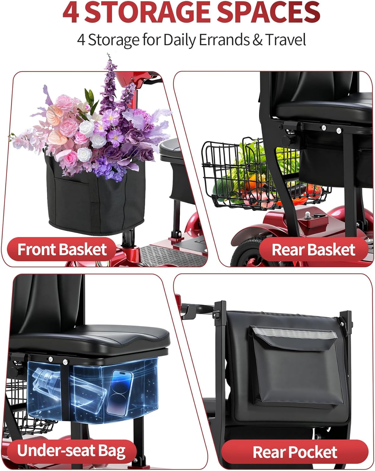 Four images showing different storage compartments on the scooter