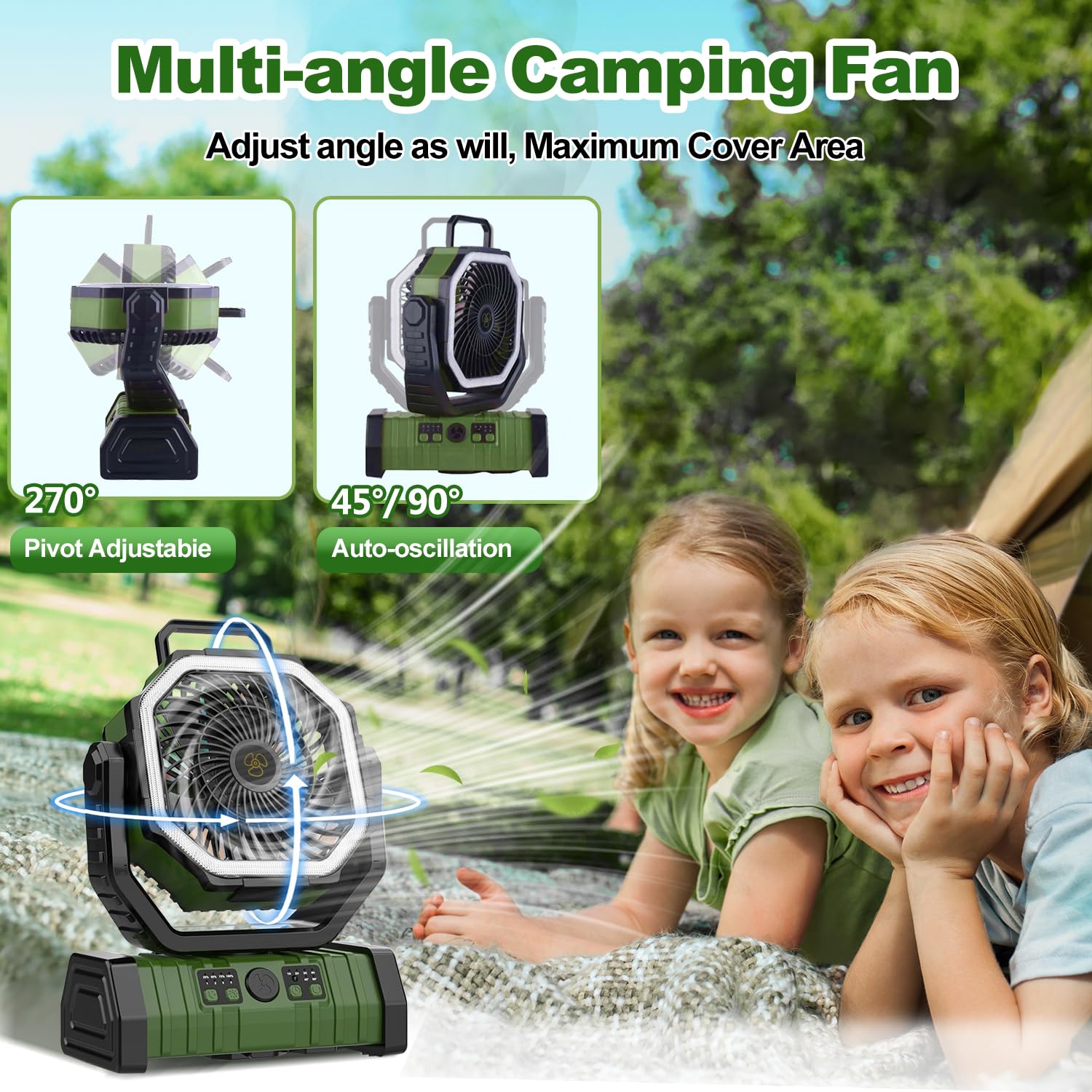 Ventilador de camping recargable, F6 20000 mAh, ventilador portátil para exteriores con linterna LED, funciona con pilas inalámbricas, gancho colgante de 360°, ventilador de escritorio de 4