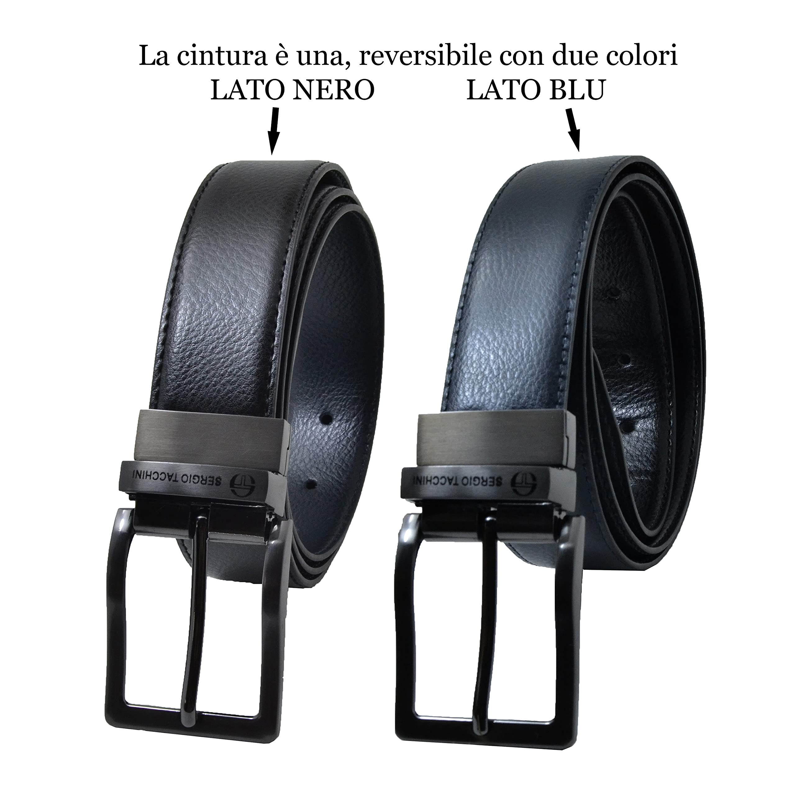 Sergio Tacchini Cintura Reversibile Uomo In Vera Pelle, Fibbia Rettangolare, Regolabile e Accorciabile