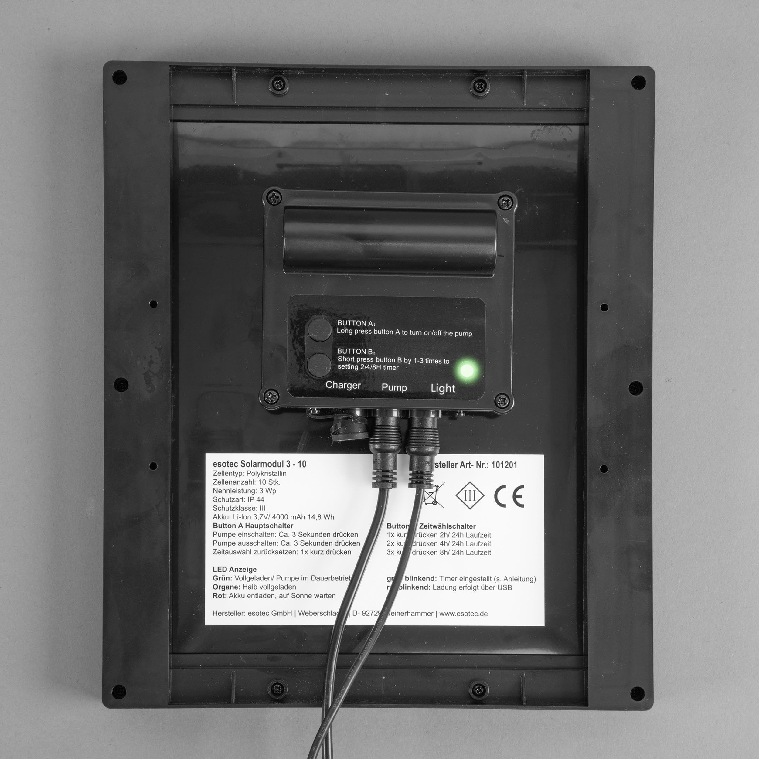 esotec Springbrunnen Wasserbrunnen mit LED Beleuchtung Modern Style, USB-Ladung, Timer, Solarmodul, Akku, LED-Licht warmweiß, 5m Kabel, Erdspieß und Wandhalterung Outdoor 101371