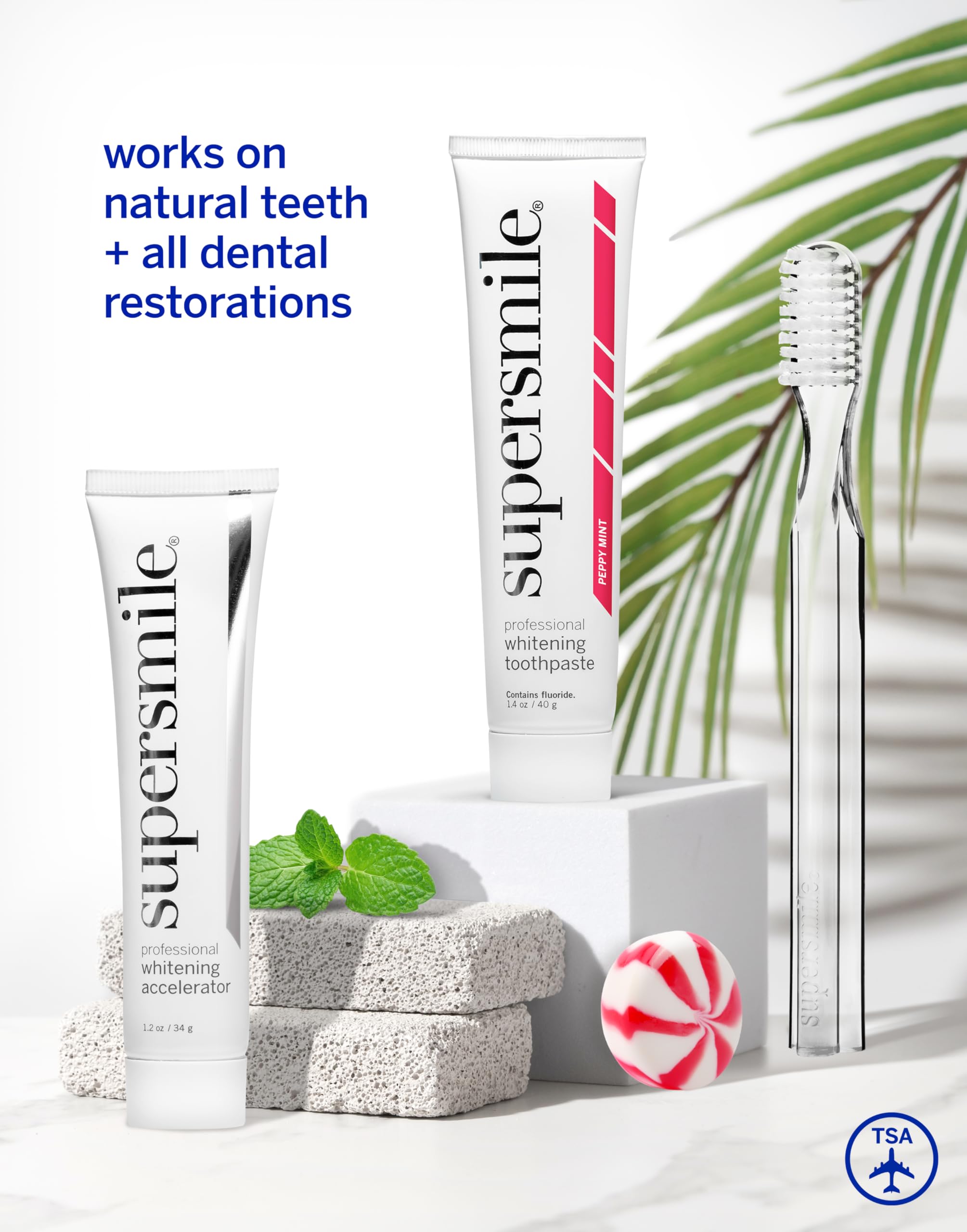 Supersmile Peppy Mint Teeth Whitening Toothpaste Set, Complete 5-Piece Travel Set with 3 Toothpastes, 1 Accelerator & 1 Toothbrush, Whitening Toothpaste Kit, Whitens up to 6 shades.