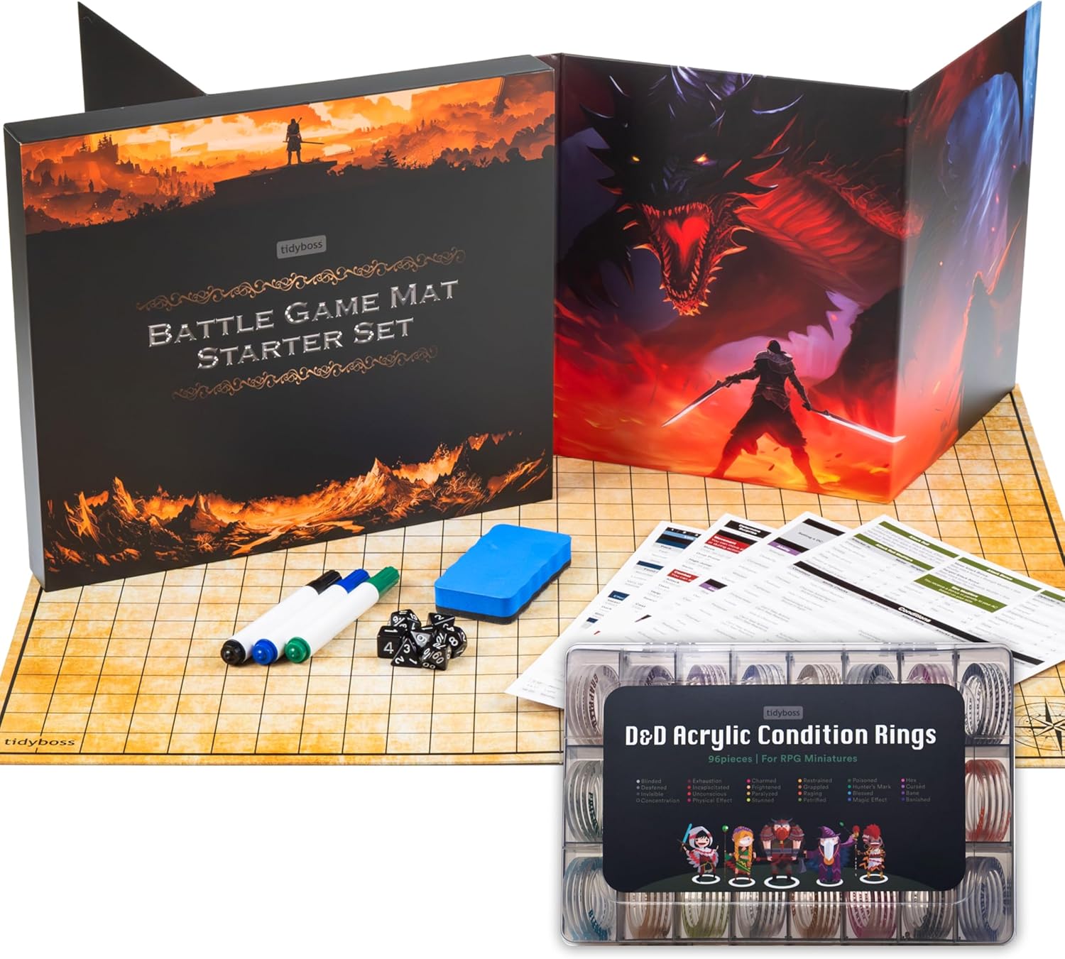 TIDYBOSS Ultimate Dungeons and Dragons 23" x 27" Foldable Battle Game Mat Kit + DM Screen + Condition Rings