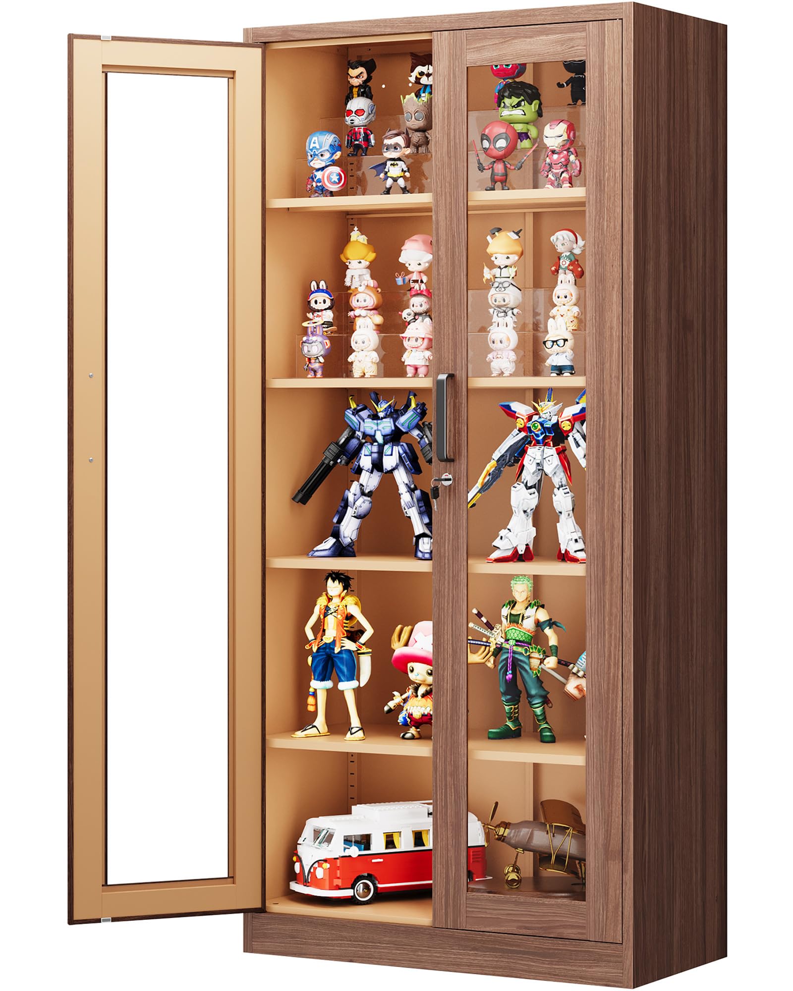 Display Storage Cabinet with Glass Door, 71 Inches Curio Cabinet with 4 Adjustable Shelves, Locking Glass Display Case for Home, Office, Clinic, Pantry, Assemble Required (Wood Color)