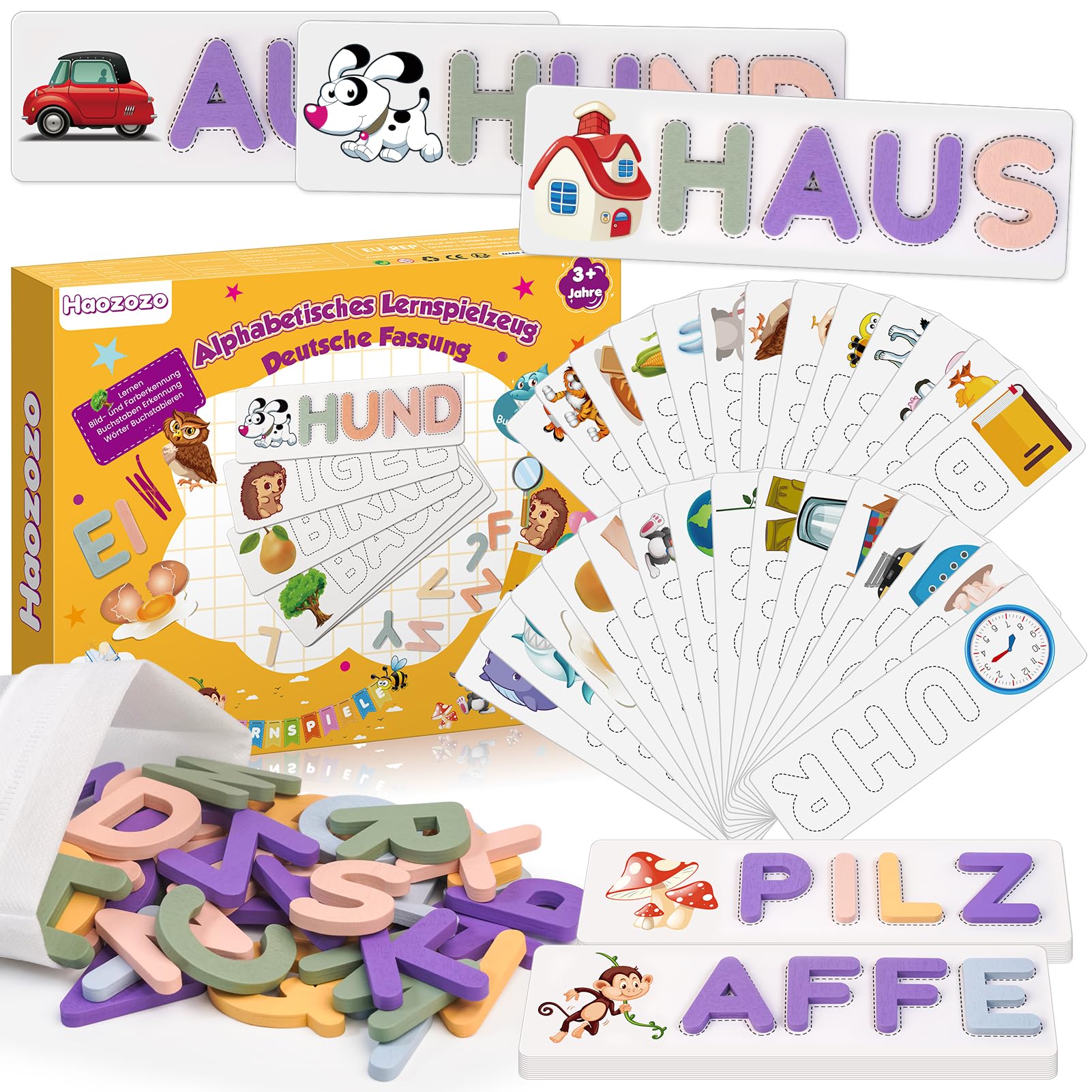 Haozozo Montessori Spielzeug ab 3-8 Jahre: Buchstaben Lernen Steckpuzzle, Geschenk für Mädchen und Jungen 3-8 Jahre, Lernspiele, Einschulung, Vielfältiger Wortschatz