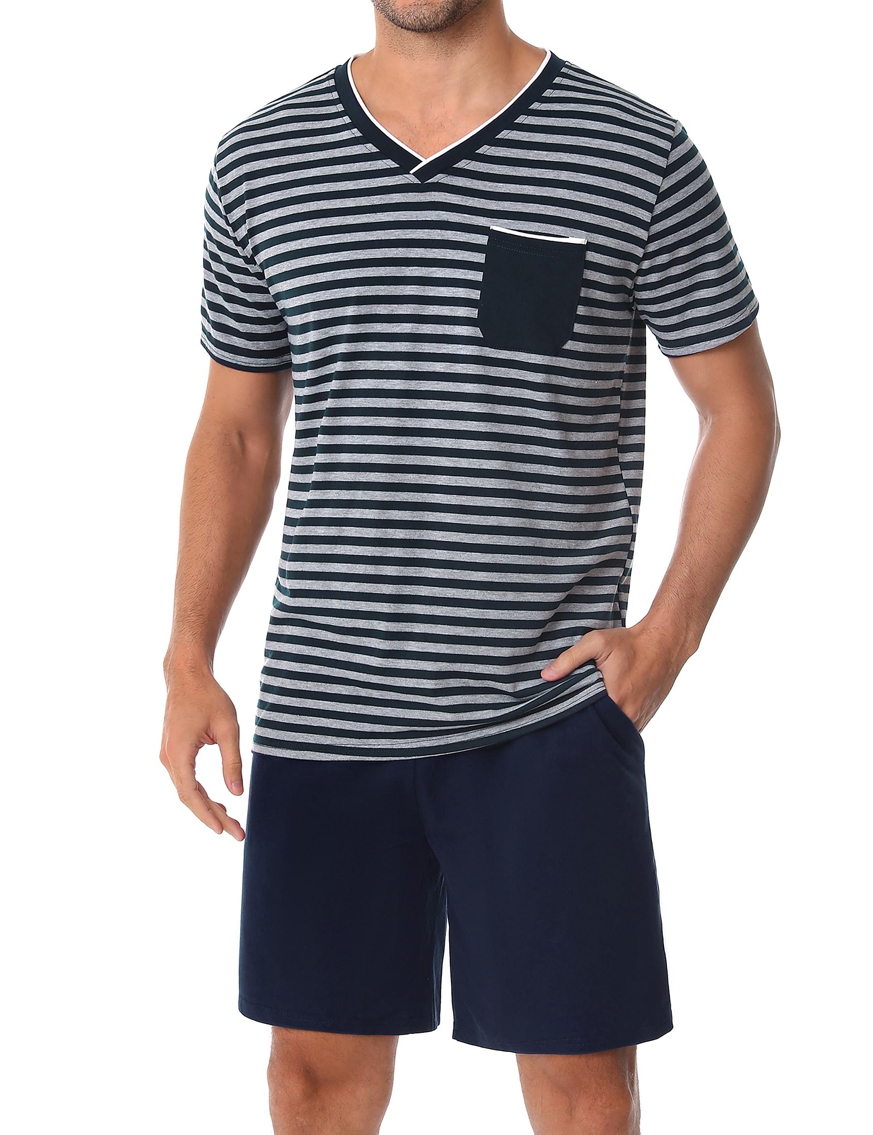 Leversic Schlafanzug Herren Kurz aus Baumwolle mit Kontraststreifen Design, Sommer Pyjama Set Oberteile und Kurze Hosen für Vater und Partner