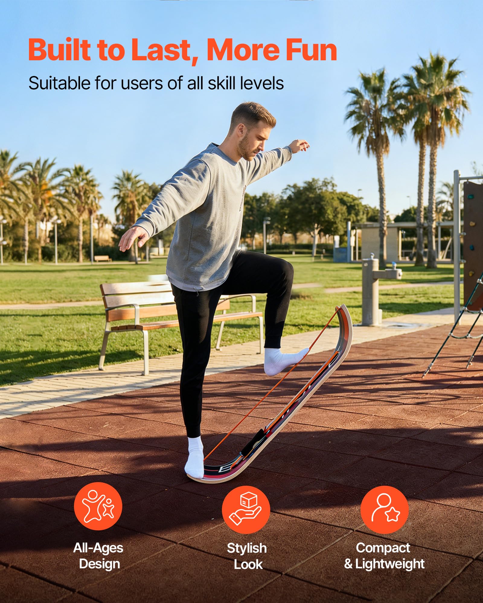 VEVOR Balance Board für Erwachsene (107 cm), Wackelbrett bis 200 kg Belastbar, Gebogenes Balance-Trainingsgerät mit Gurt für Core-Workouts Stehpultübungen Heim-Fitnessstudio Yoga, Orange Schwarz
