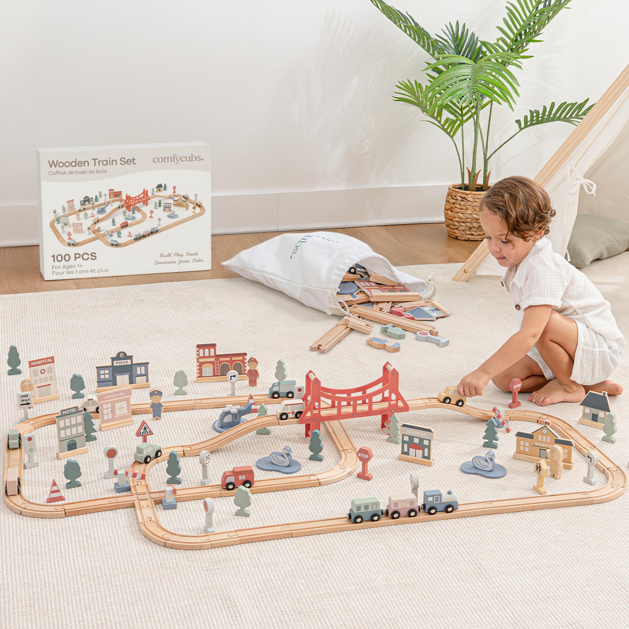 Comfy Cubs 100-Piece Wooden Train Set for Toddlers Ages 1+, Fun & Eco Friendly Toddler Train Set with Wooden Toy Tracks - Creative Toy Town Promoting Imaginative Play with Flexible Configuration 100-Piece Set