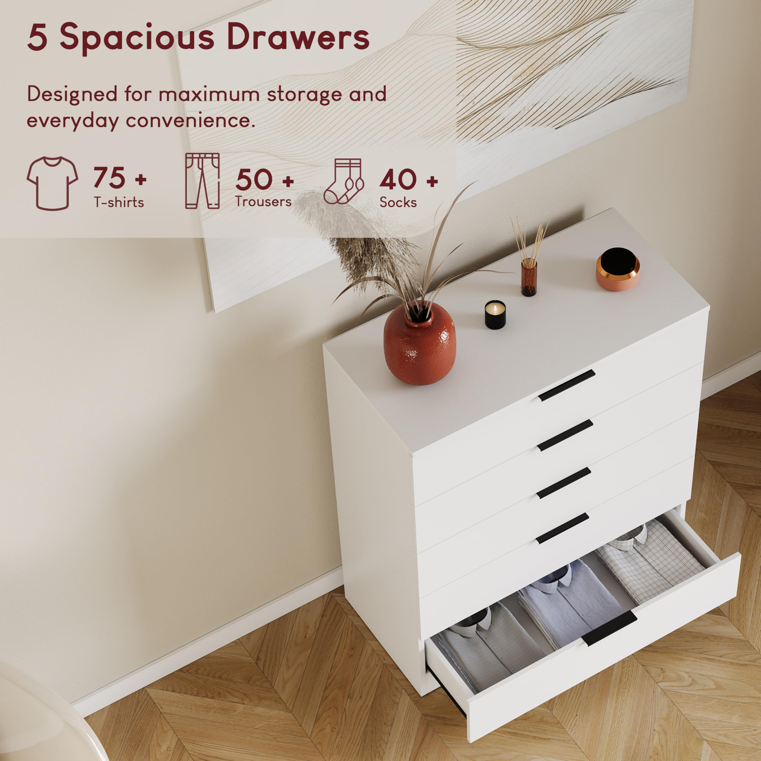 Vida Designs Trega Kommode mit 5 Schubladen | Weiß | 90 H x 66 B x 36 T cm | Platzsparende Stauraumeinheit | Schubladenstütze gegen Durchbiegen | Minimalistische | Leichtgängige Schubladenführungen