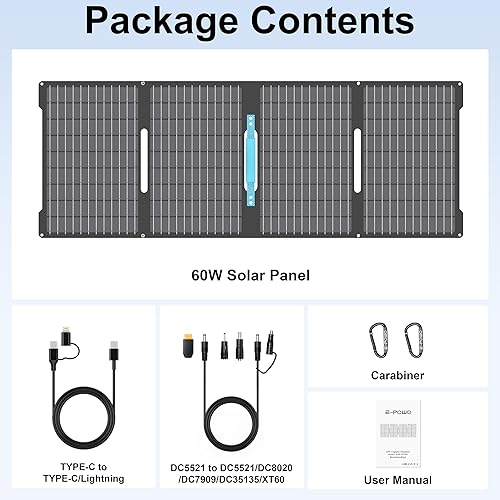 Miniatura 8 de Paneles solares portátiles de 60 W cargadores con salidas USB-C, USB-A y CC, panel solar impermeable IP67 plegable para camping, emergencia