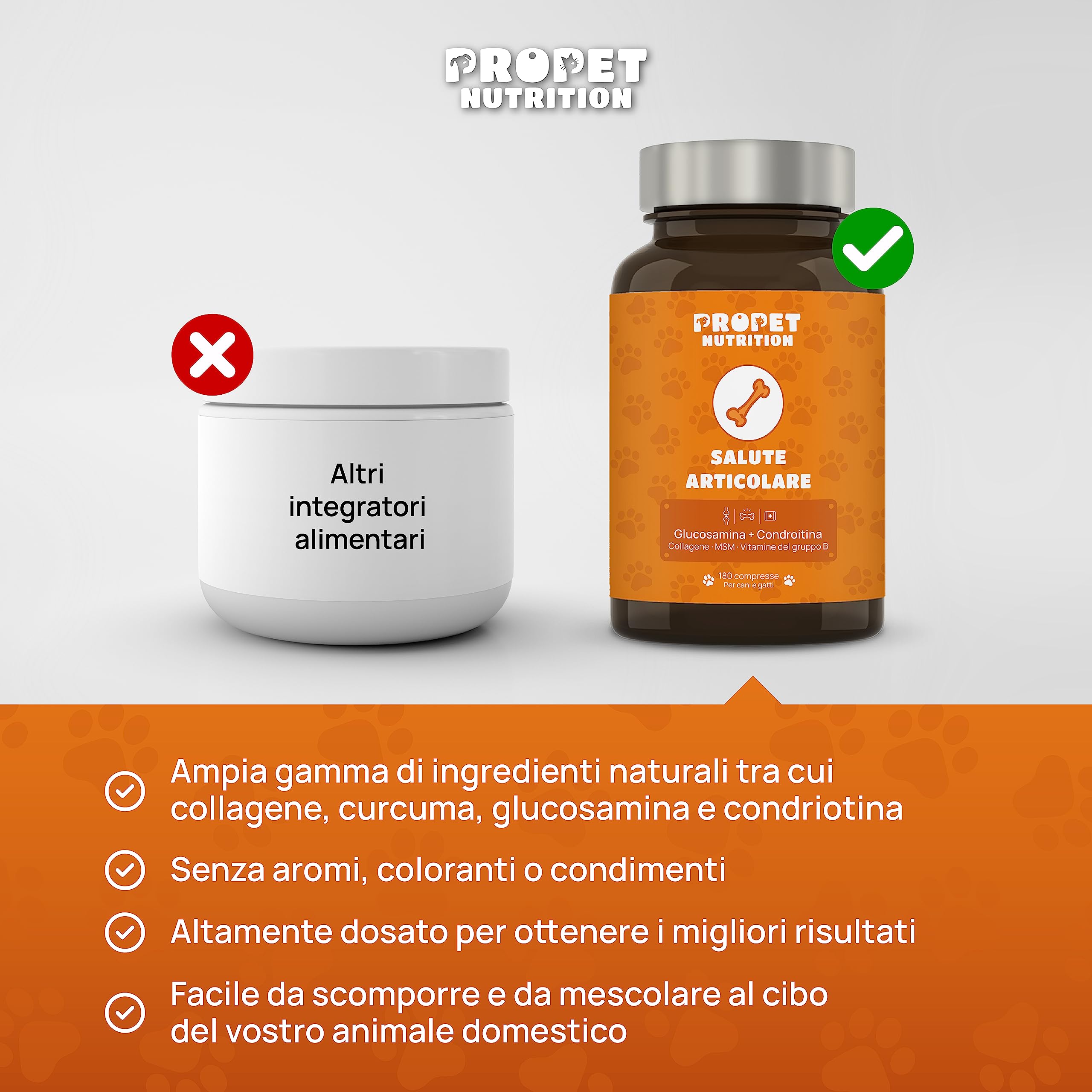 Integratore Articolazioni Cane e Gatto. 180 Compresse. Glucosamina e Condroitina, Collagene, 10 Vitamine per Cani e Gatti. Alta Concentrazione. Antifiammatorio. Supporta la Mobilità. Joint Care Cani