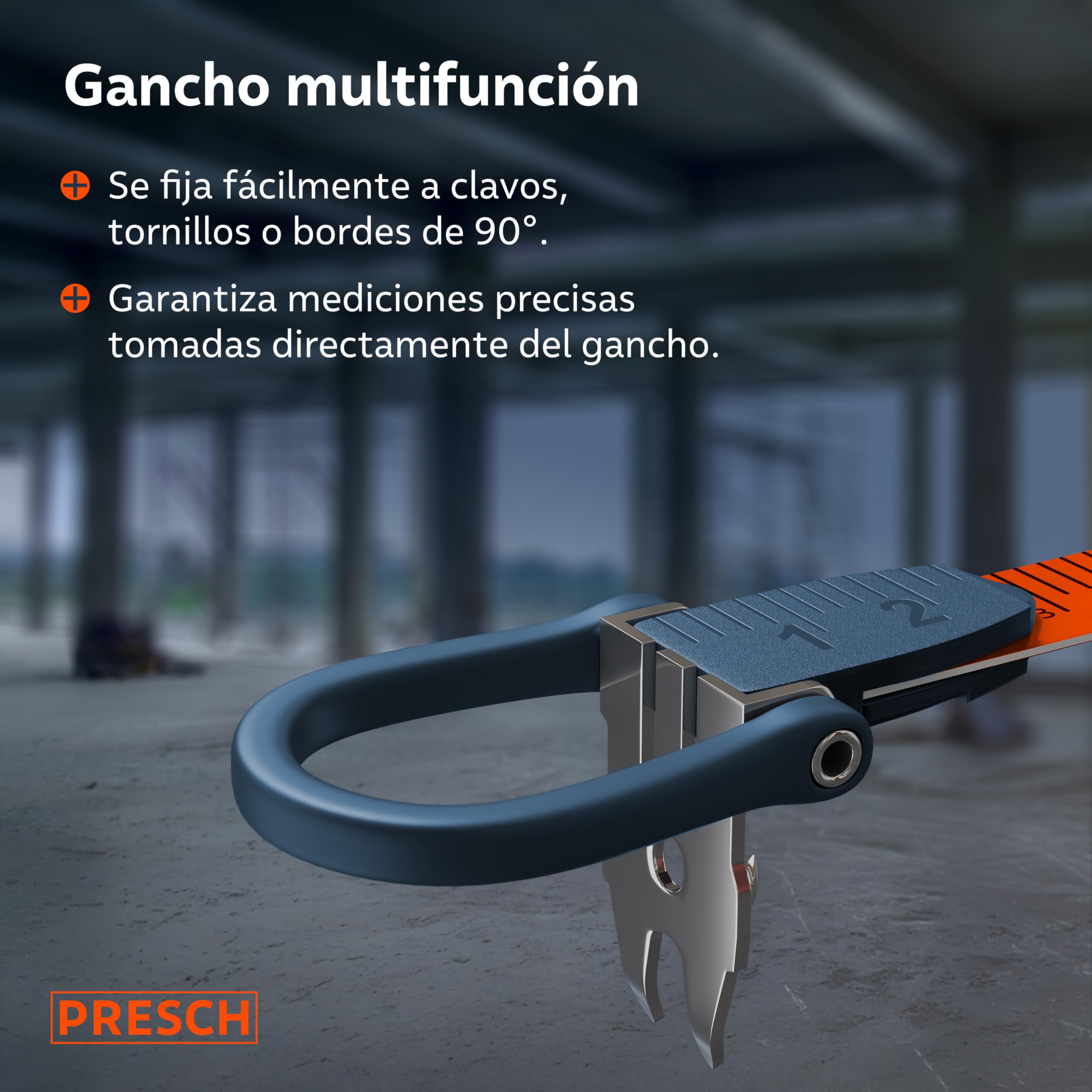 Presch Cinta Métrica 50 metros – Retorno rápido 3:1 – Flexómetro de fibra de vidrio resistente – Bloqueo de manivela para tensión perfecta – Sujeción segura con gancho multifunción