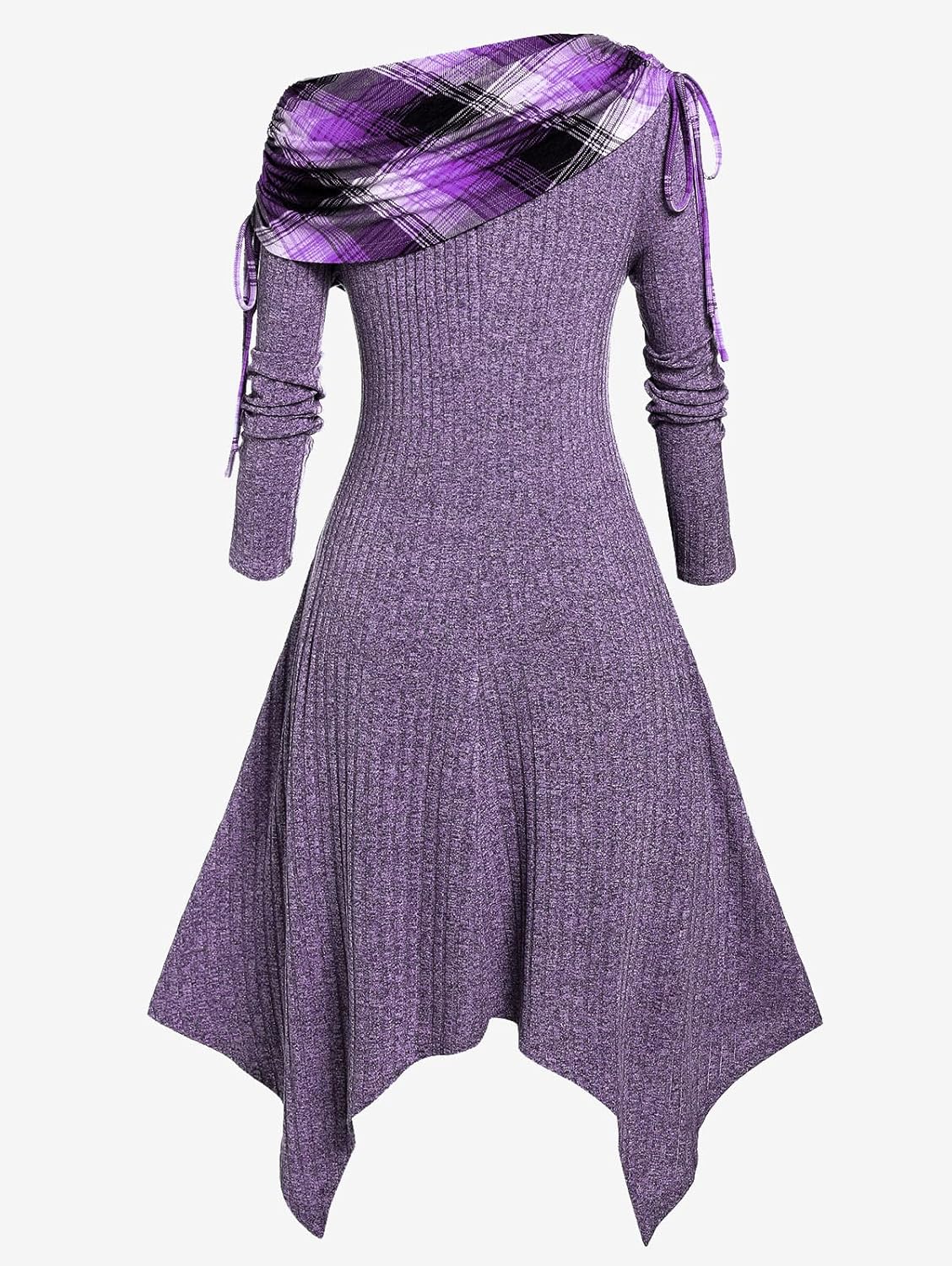 ROSE GAL Womens Plus Size Skew Collar Foldover Cinched Plaid Panel Handkerchief Hem Midi Long Sleeve Ribbed Knitted Dress - Image 3