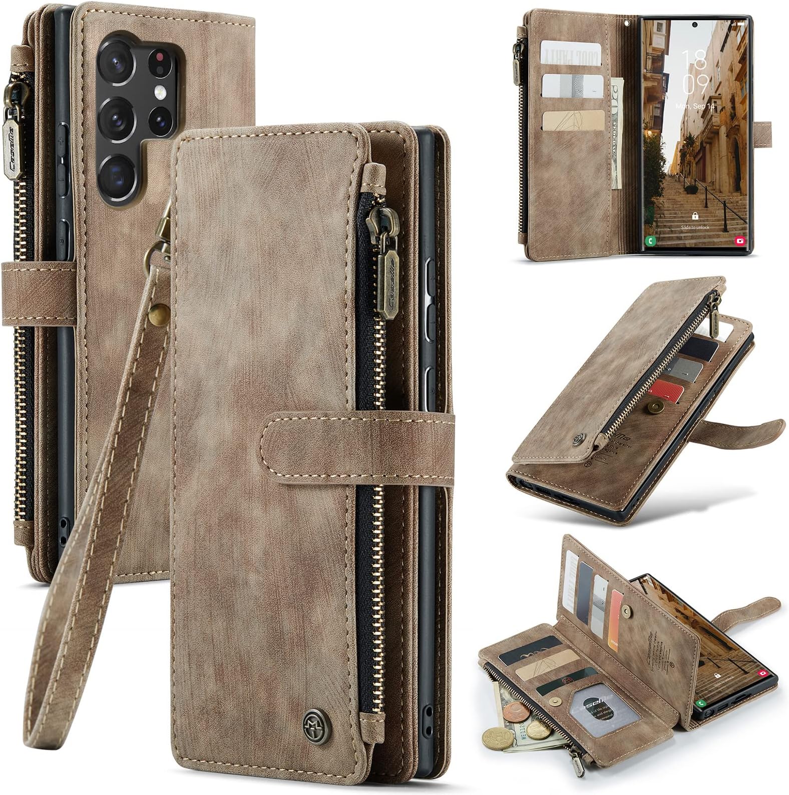 UEEBAIWallet Case for Samsung Galaxy S23 Ultra 5G, Premium Handmade PU Leather Phone Case Card Slots Magnetic Closure Zipper Pocket Kickstand Flip Case with Hand Strap - Brown