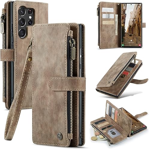 Taneny Funda tipo cartera para Samsung Galaxy S23 Ultra de piel sintética con soporte cremallera correa para muñeca tarjetero de crédito funda