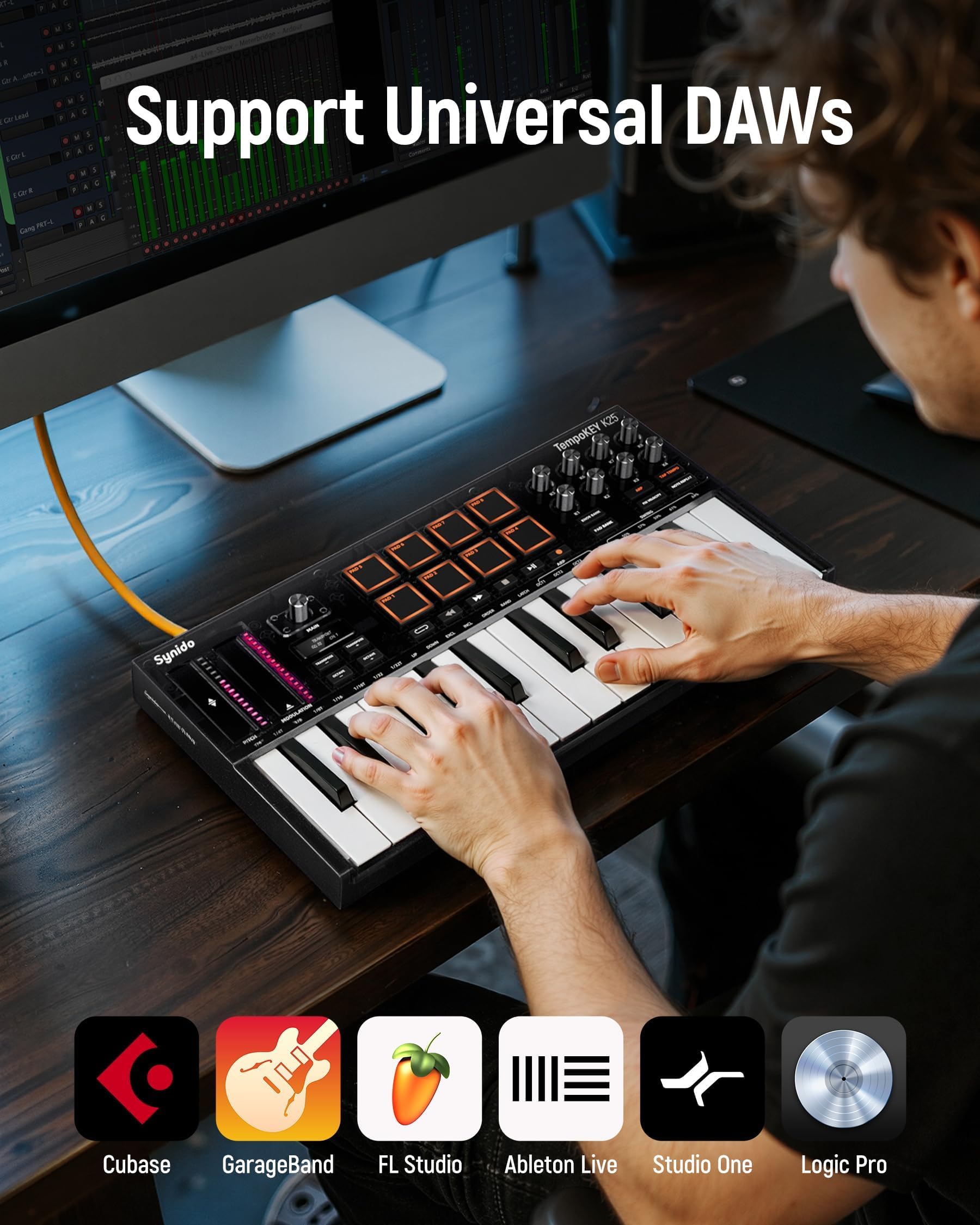 Synido Tempokey K25 Tastiera Controller Midi Usb-C 25 Tasti Più Larghi E Profondi Corsa Profonda E Dinamica Al Toque, 8 Pad Drum Rgb, Display Oled, Comandi Di Trasporto,Strip Tattile,Arpeggiator，Nero