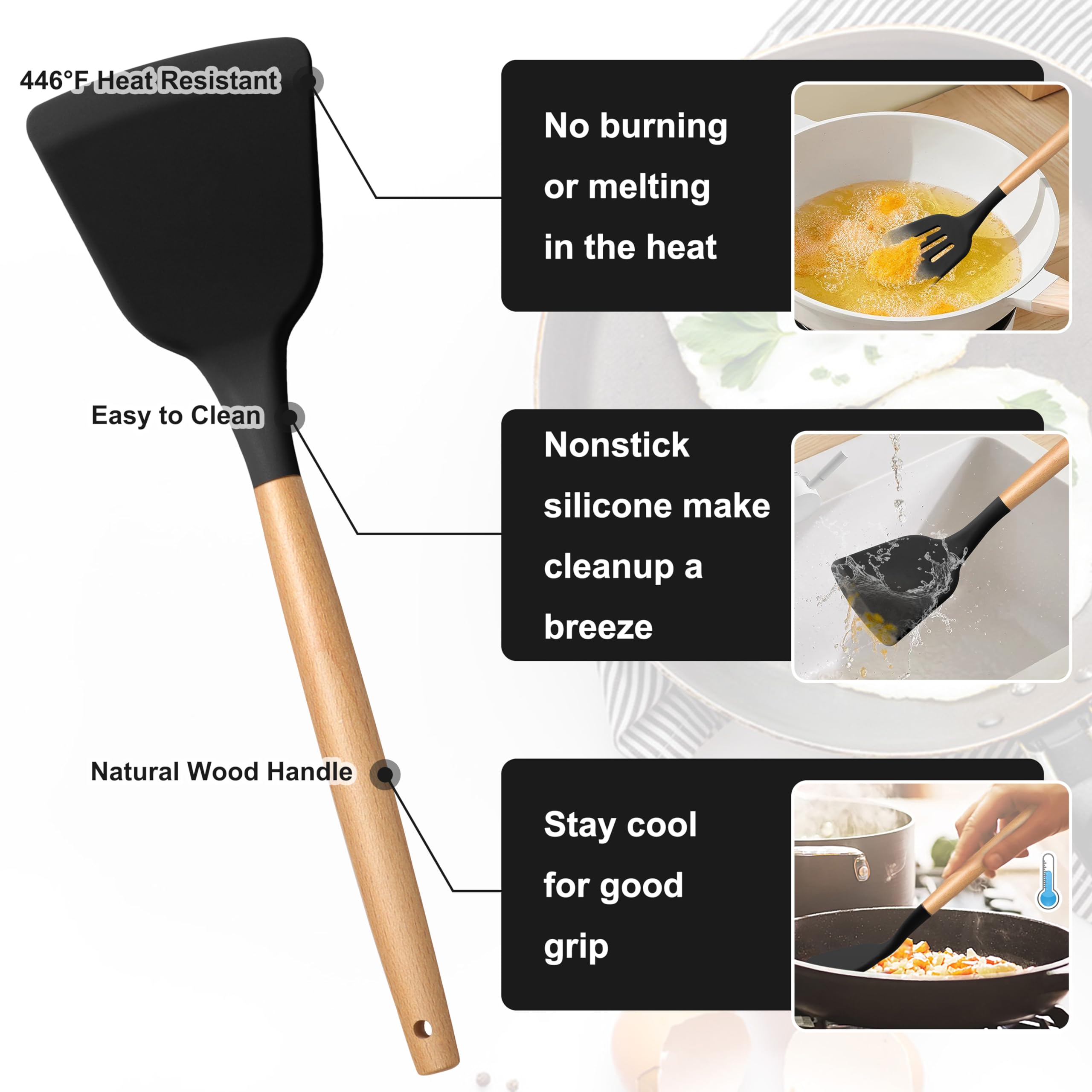 E-far Juego de utensilios de cocina negros con soporte, juego de utensilios de cocina de silicona de 25 piezas con mango de madera para utensilios de cocina antiadherentes, herramienta de cocina