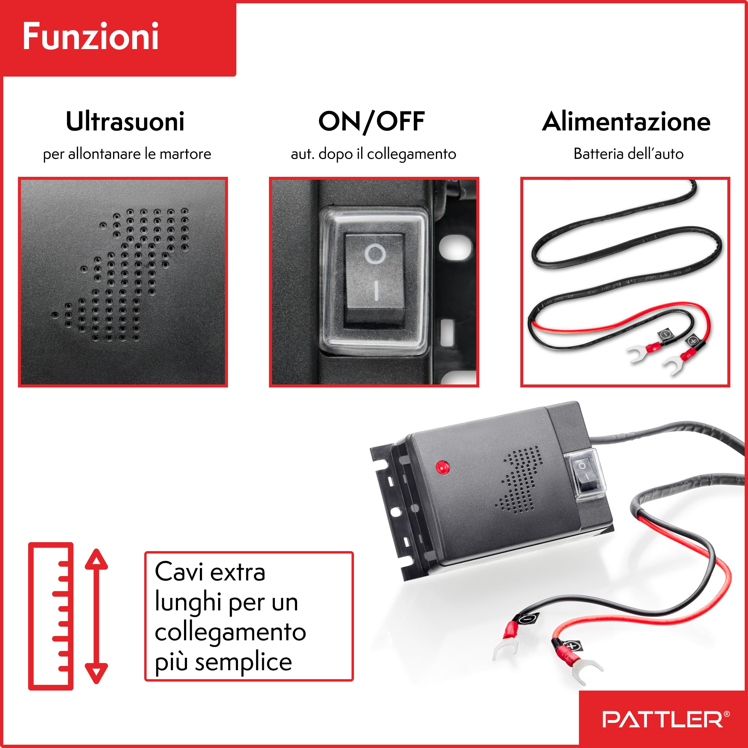 PATTLER Anti Martora per Auto con Ultrasuoni - Protezione Immediata e a Lungo Termine Contro Le Martore nel Vano Motore - Funziona con Batteria Auto a 12V - 1 Pezzo
