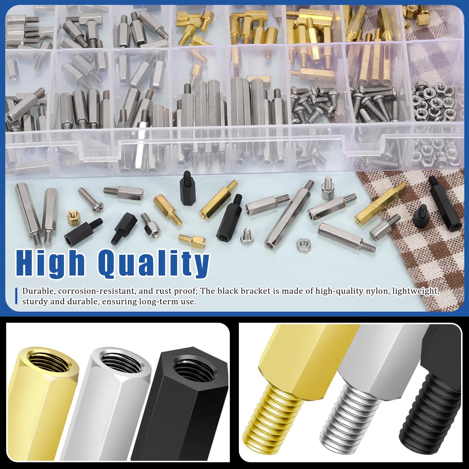 Glarks 256pcs M3 Carbon Steel & Nylon & Brass Standoff Set Hex Mount Spacer Motherboard Spacer Male-Female Spacer Standoff with Pan Head Screw Nylon Screw Nut and Hex Nut for PCB Quadcopter Drone - Image 4