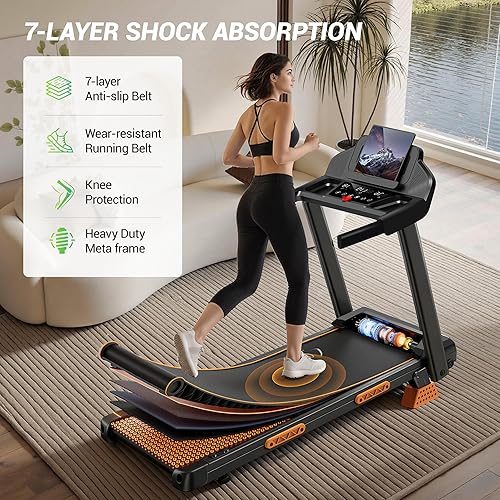 Miniatura 4 de Cintas de correr para el hogar con 16% de inclinación y pantalla LED, cinta de correr plegable de 7 capas que absorbe los golpes con barra de mango