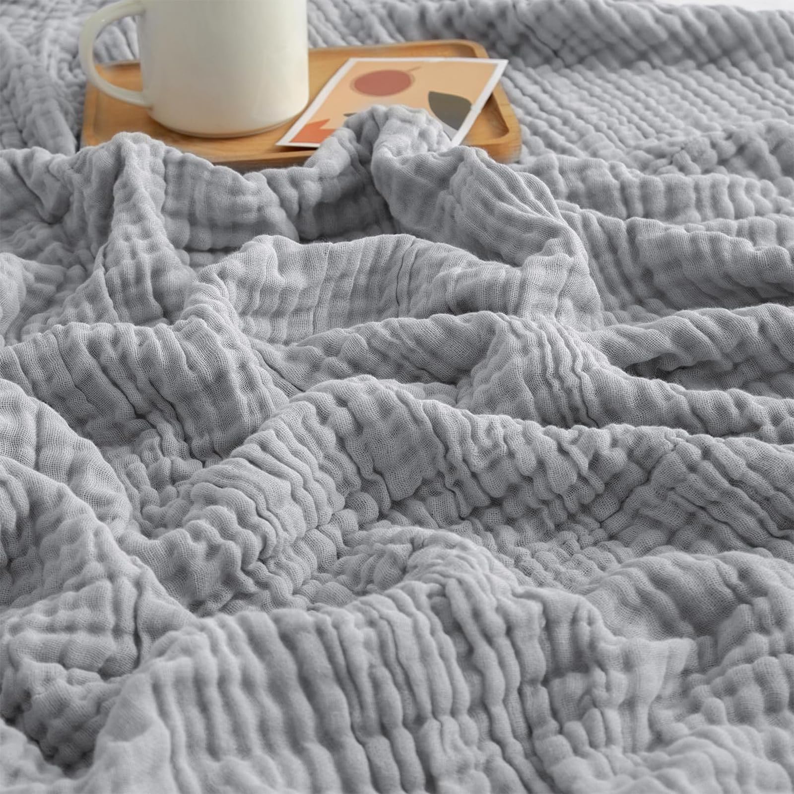 Coperta in Mussola Adulti Cotone Estiva,Plaid 6 Strati Garza Traspirante Soft,Copriletto Leggero Trama a Bolle per Divano Letto,Coperta Matrimoniale Quattro Stagioni (Gray,King (200x230cm))