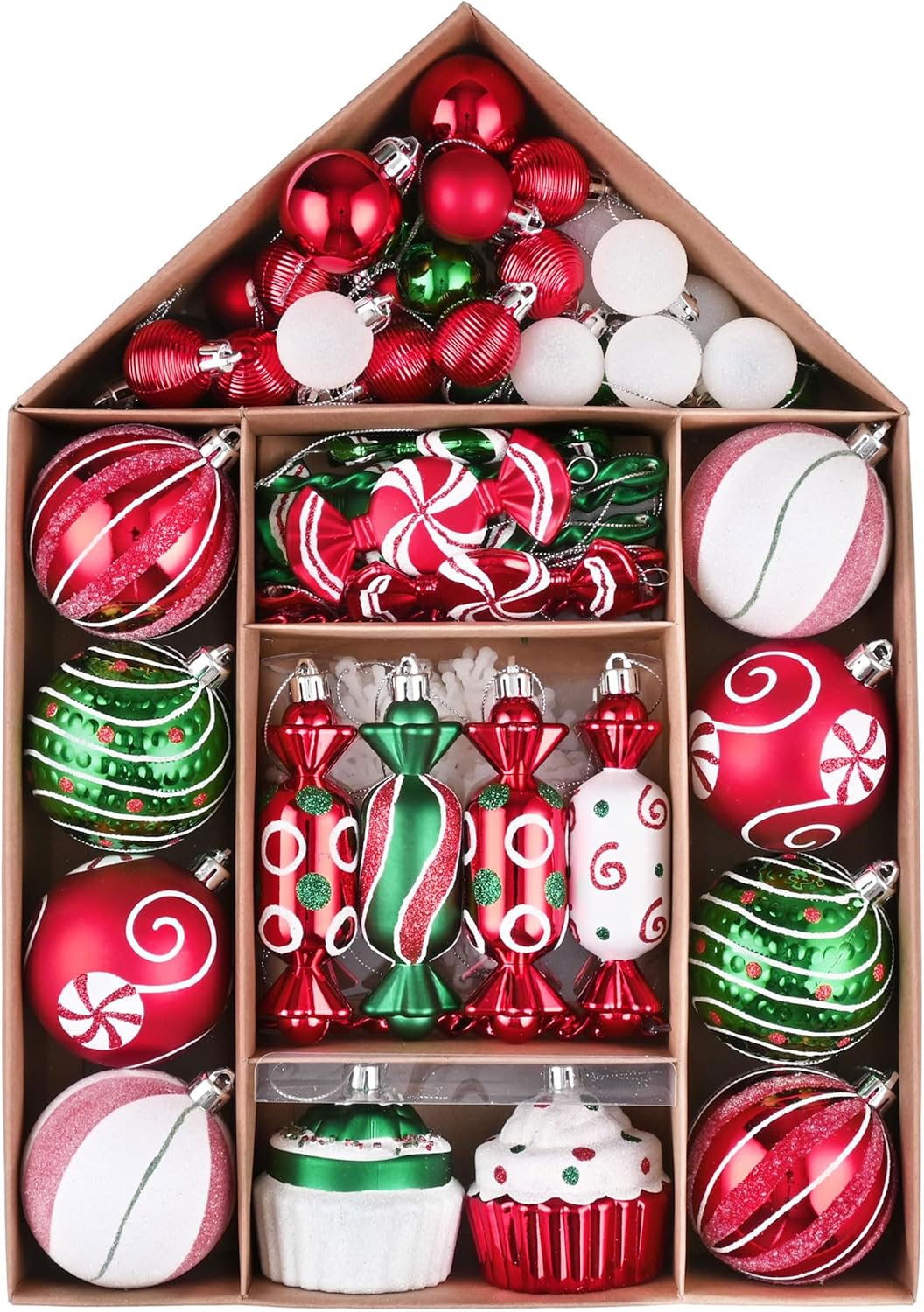 Valery Madelyn Christmas Tree Ornaments Set, 70ct Candy Cane Red Green White Shatterproof Christmas Tree Decorations Bulk, Variety Decorative Hanging Ball Ornaments for Xmas Trees Holiday Party Decor