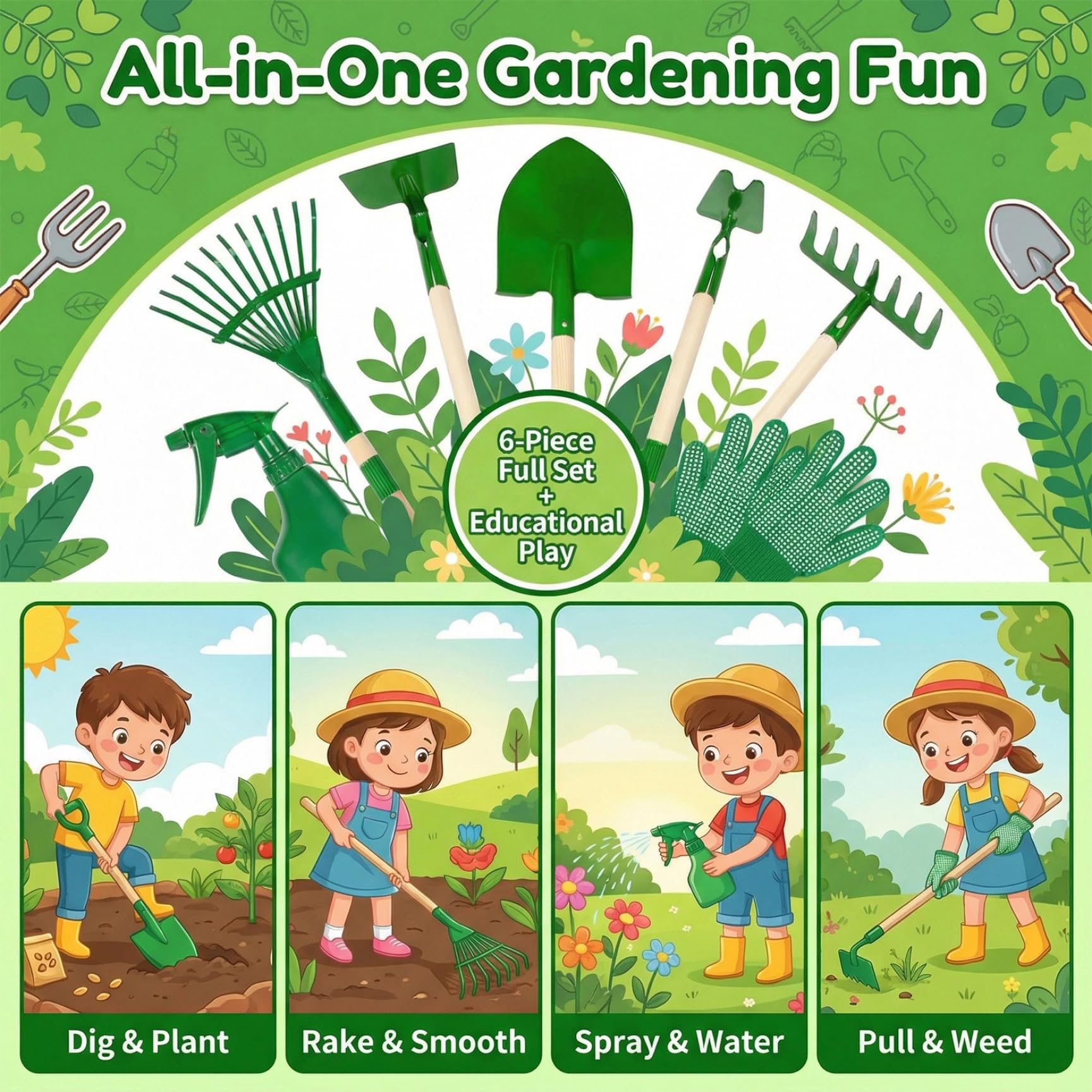 Set da giardinaggio per bambini 6 pezzi Attrezzi da giardinaggio per bambini con rastrello a pala per ragazzi e ragazze dai 3 anni in su, verde