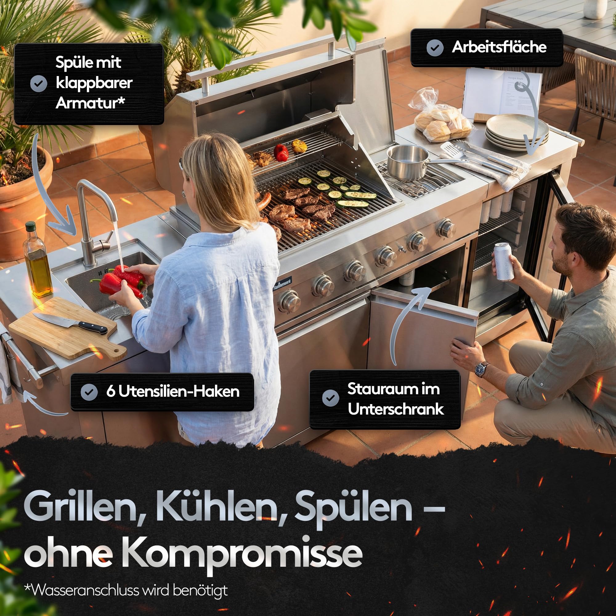 Outdoor Küche Edelstahl 6-Brenner 24,1 kW - Spüle Kühlschrank | inkl. Abdeckhaube, 4x langlebige Edelstahlguss Brenner, Infrarot Seitenbrenner Hot Zone & Backburner, Maße 248x63,5x121 cm