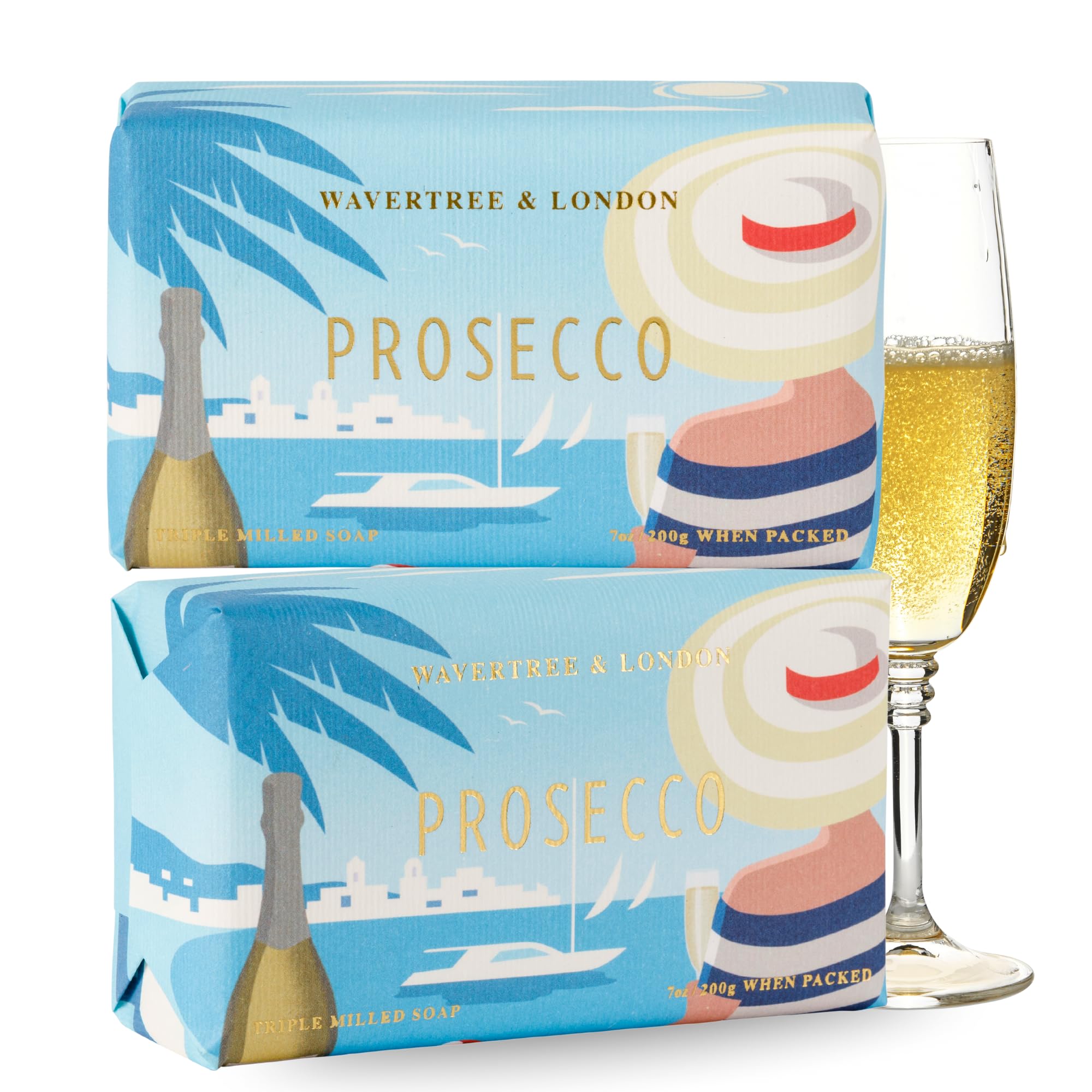 Wavertree & London Prosecco Scented Natural Soap (2 Bars), 7oz Moisturizing French Triple Milled Soap Bars enriched with shea butter - Pure Plant Based Bath & Body Bars for All Skin Types