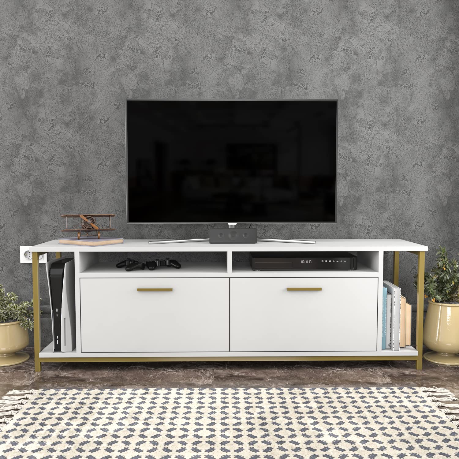 DECOROTIKA - Omar 160 cm Wide TV Stand and Media Console for TVs up to 72'' with Colour Options (White/Gold)