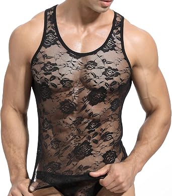Mens Sexy Vest Lace Muscle Floral Sleeveless Undershirt Semi Transparent Sports Tank Tops