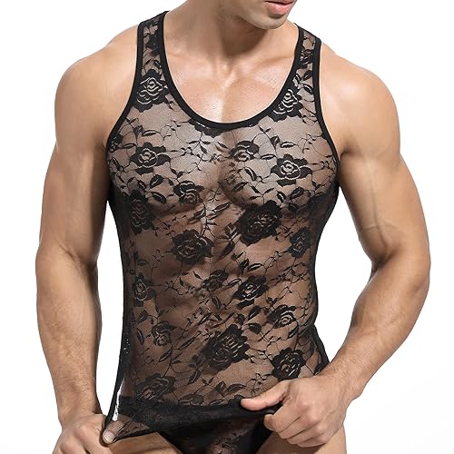 YOOBNG Men's Sexy Vest Lace Muscle Floral Sleeveless Undershirt Semi Transparent Sports Tank Tops - Medium-Large - Long Vest-black