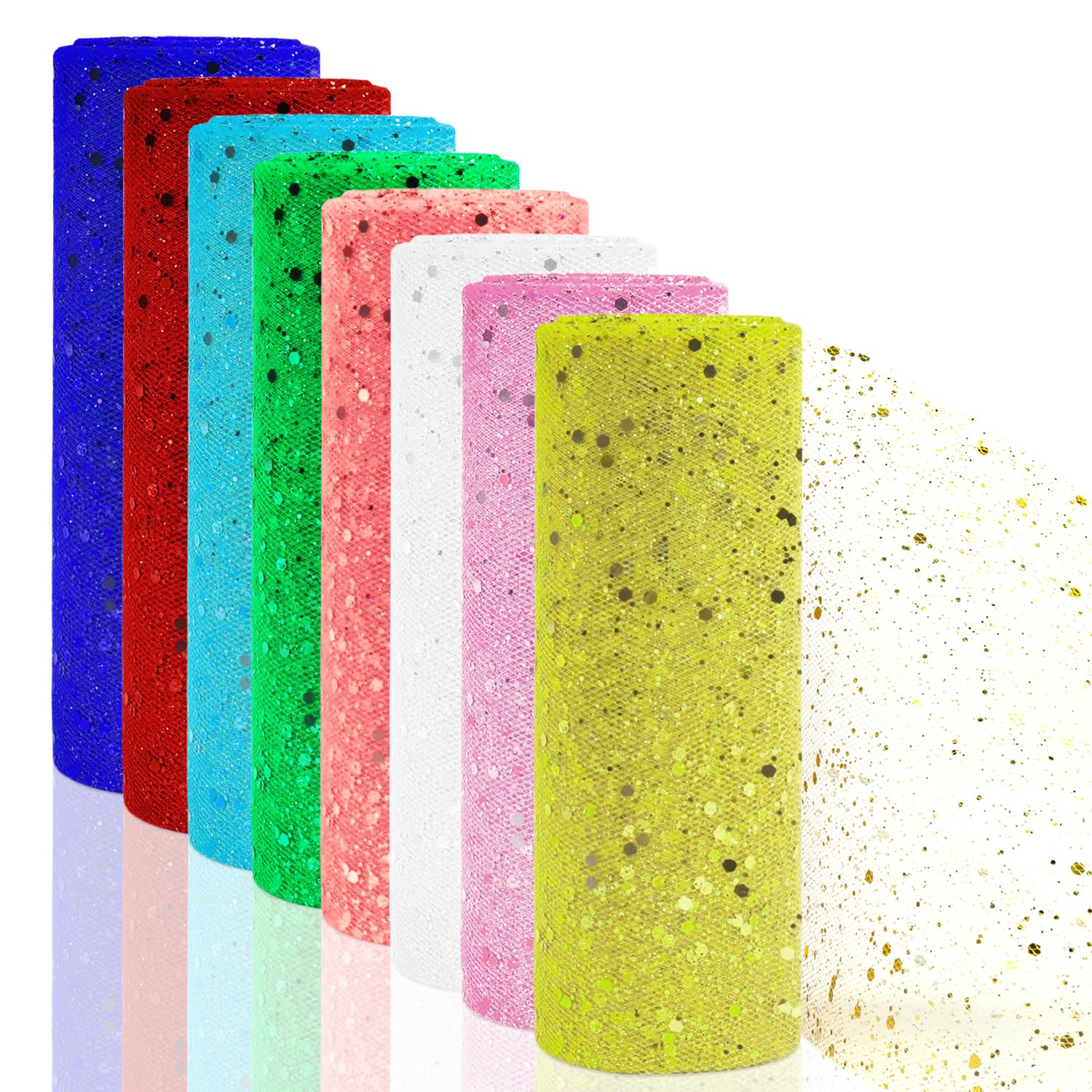 Glitter Tulle Rolls,8 Color Tulle Fabric Spool Ribbon Netting Fabric Spool Gauze Mesh Ribbon DIY Crafting Ribbon,Sequin Tulle Ribbon Shiny Netting Fabric Tulle Spool,6" by 10 Yards (Mixed Color 2)