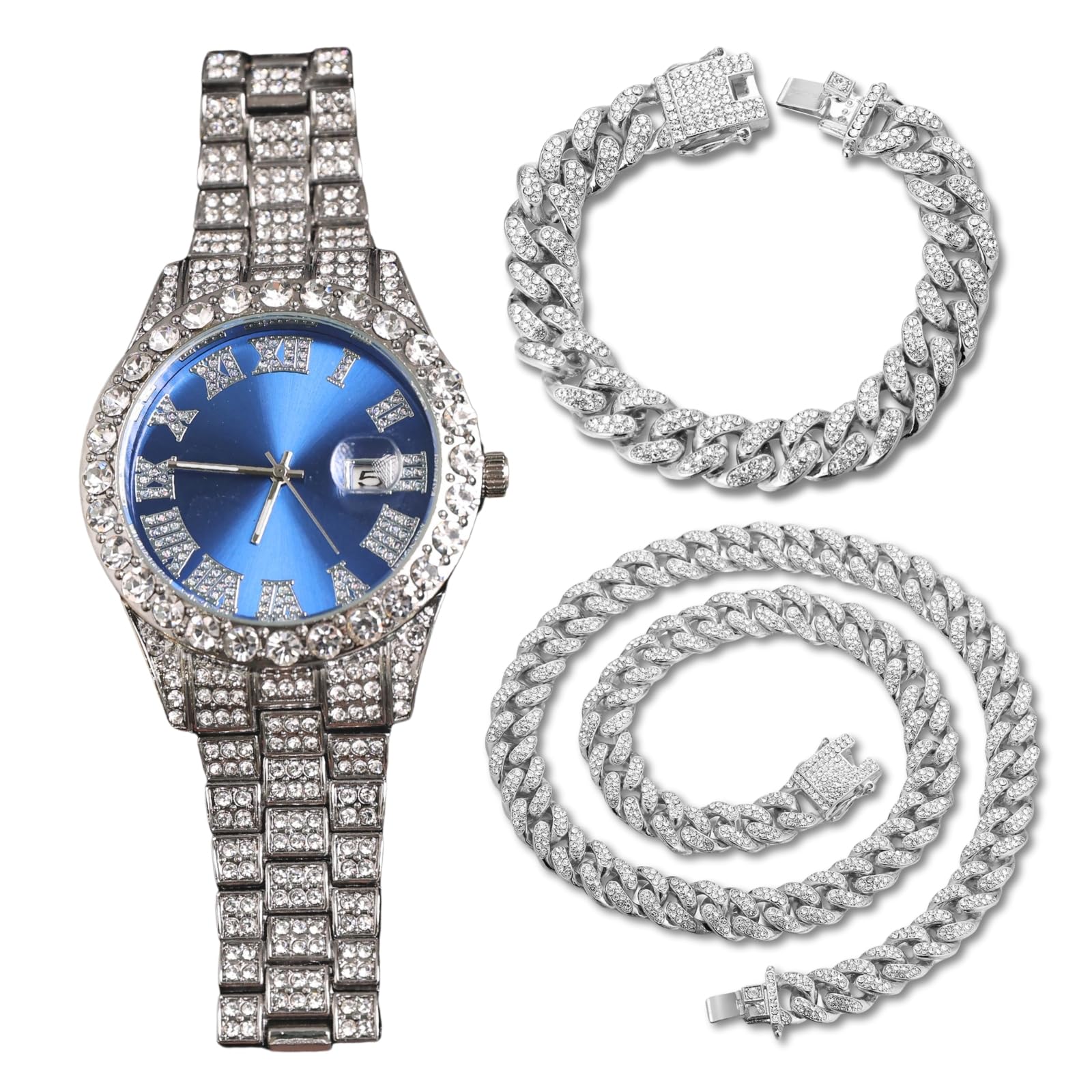 Męski zegarek z diamentem - Okrągła tarcza 40 mm z cyframi rzymskimi w 3 kolorach - pozłacany 18K złotem/platynowy pasek 22 cm - japoński kwarc - kompatybilny z opcjonalnym łańcuchem