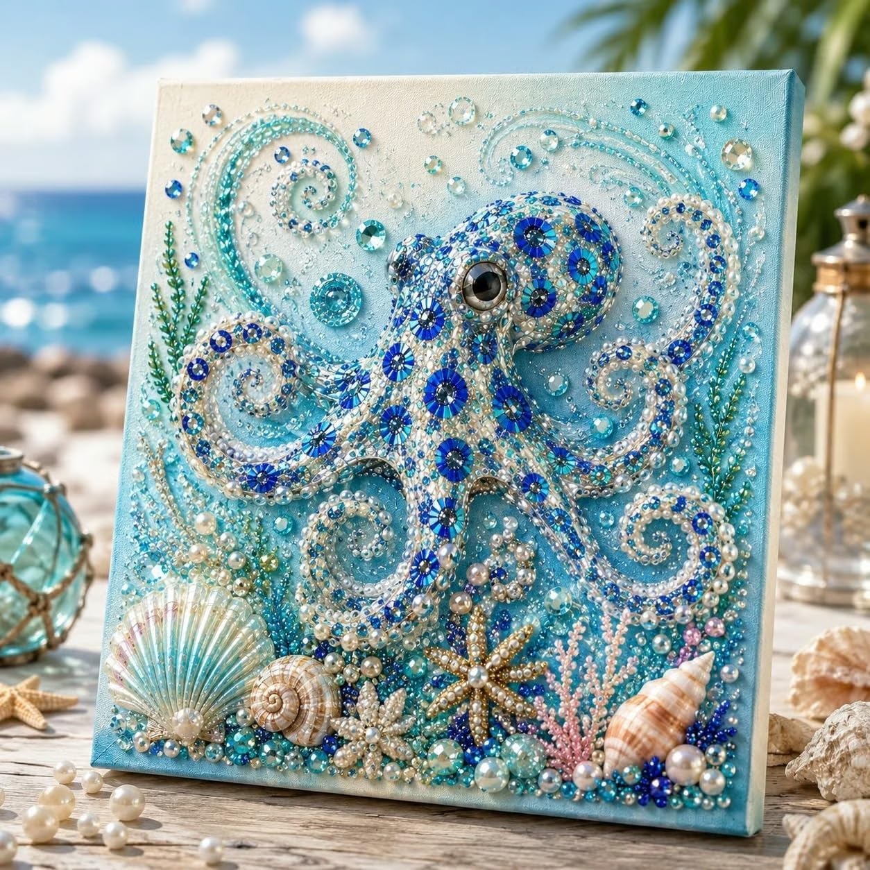 Oceanthemed Pearl Art DIY Kit, Ocean 3D Diamond Painting Craft for Adults, Shimmering Coastal Decor Wall Art with Pearls & Rhinestones, Beginnerfriendly DIY Gift (Style C)