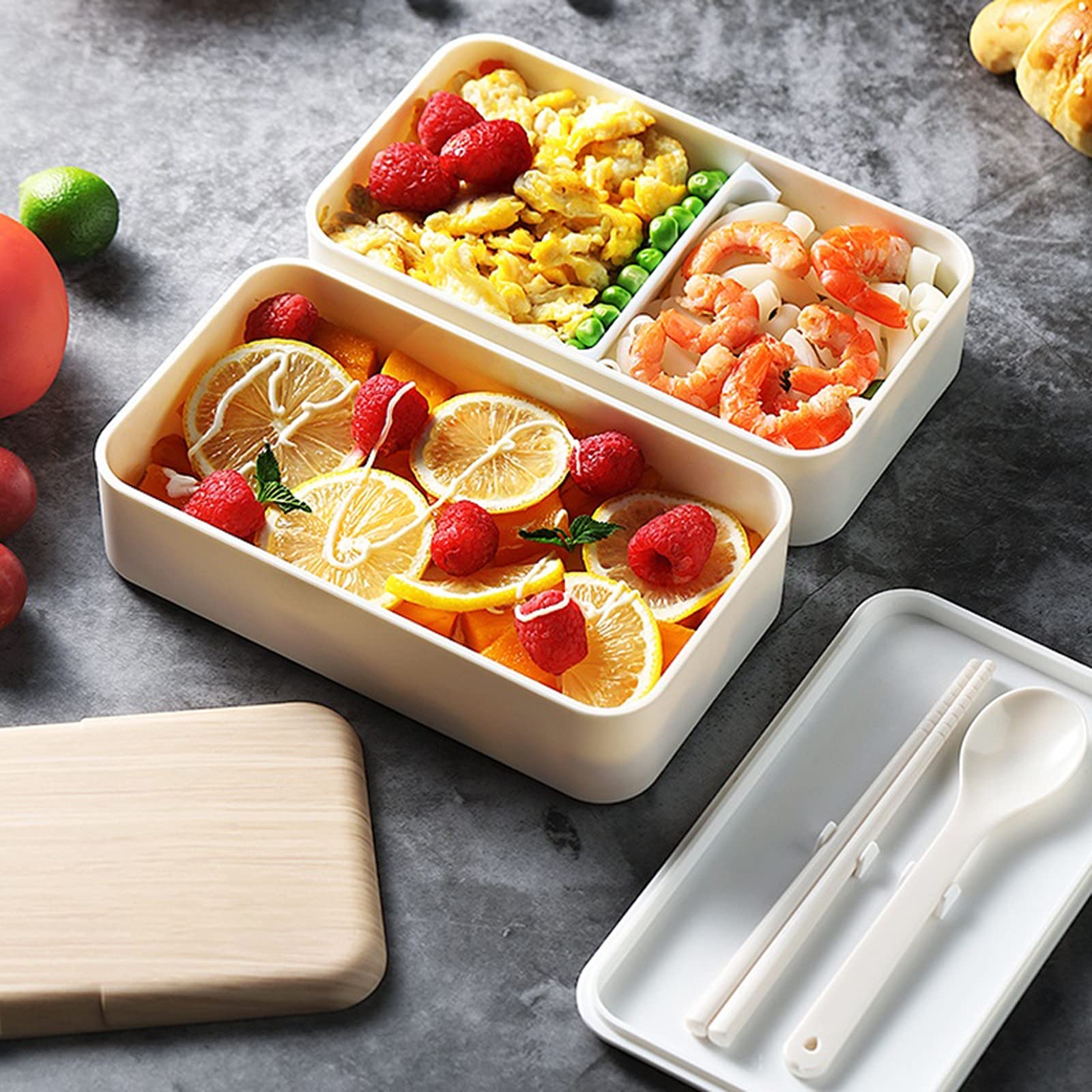 Fiambrera de Doble Capa de 1200 ml con Aspecto de Madera, Ideal para ensaladas, Tipo bento, portátil, con Compartimentos (Negro).