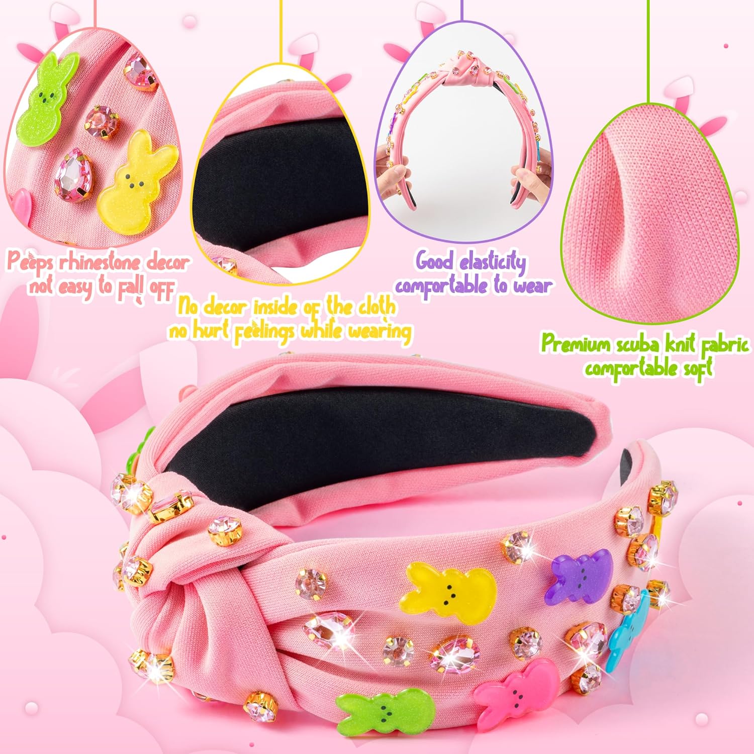 PANTIDE Easter Bunny Jeweled Knotted Headband - Rabbits Rhinestone Crystal Embellished Headband Wide Top Knot Fashion Hairband Hair Accessories Easter Spring Birthday Gift for Women Girls (Pink) - Image 3