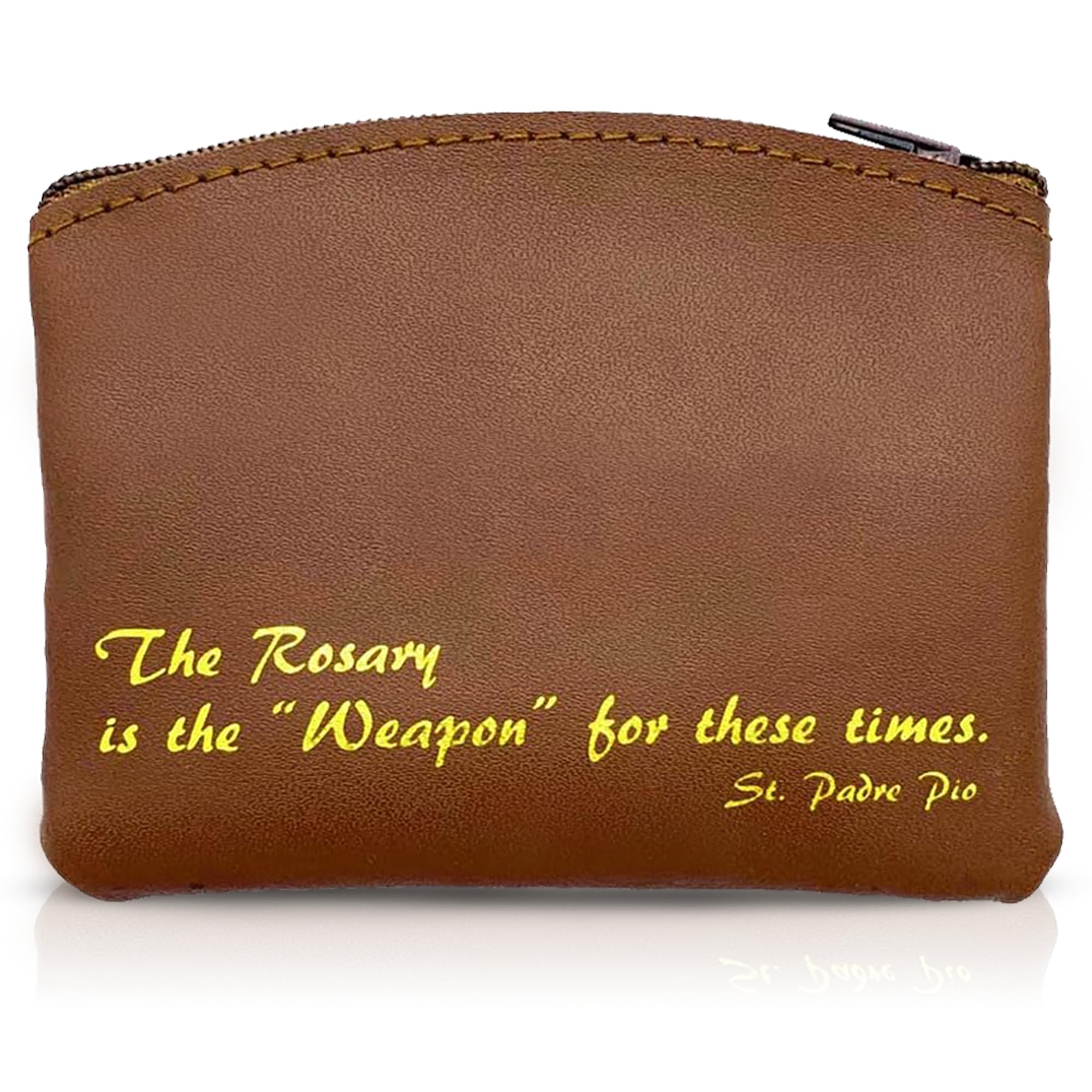 Brown Genuine Leather Rosary Pouch with Cross Imprint and Padre Pio Quote