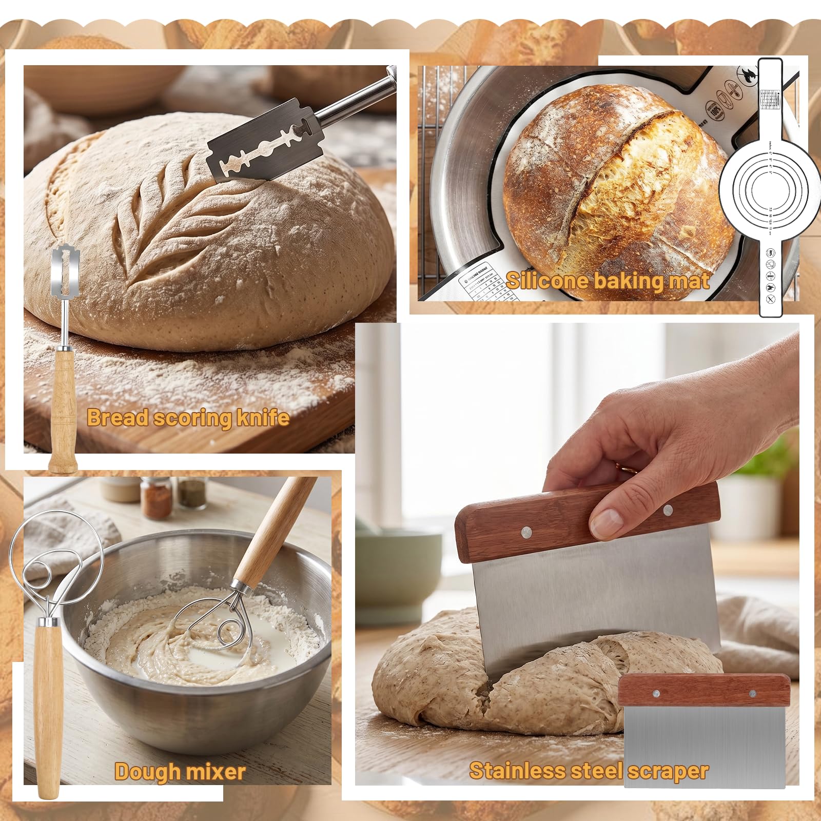IIRC Juego de iniciación de masa madre con cesta de fermentación para pan, cesta de fermentación de silicona (ovalada de 28,8 cm y redonda de 25,8 cm) y accesorios para principiantes