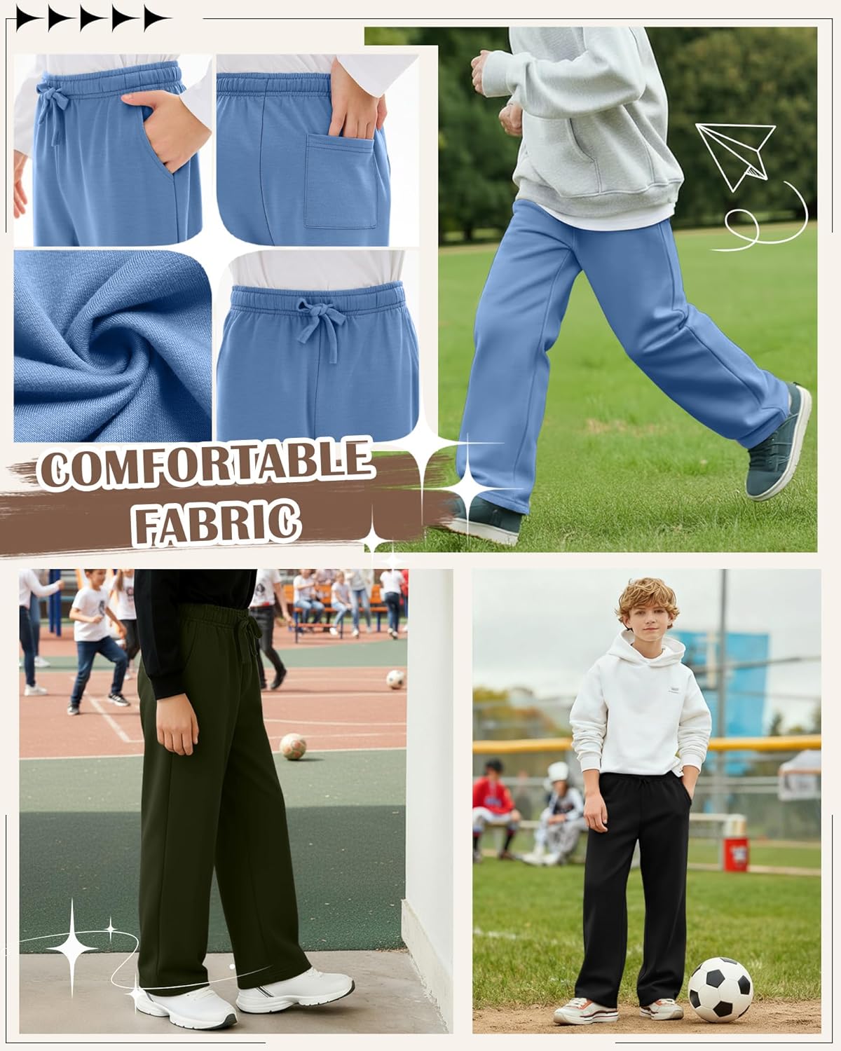 4 Pack Boys Sweatpants Straight Leg Open Bottom Athletic Joggers Lightweight Elastic Waist Pants with Pockets - Image 5