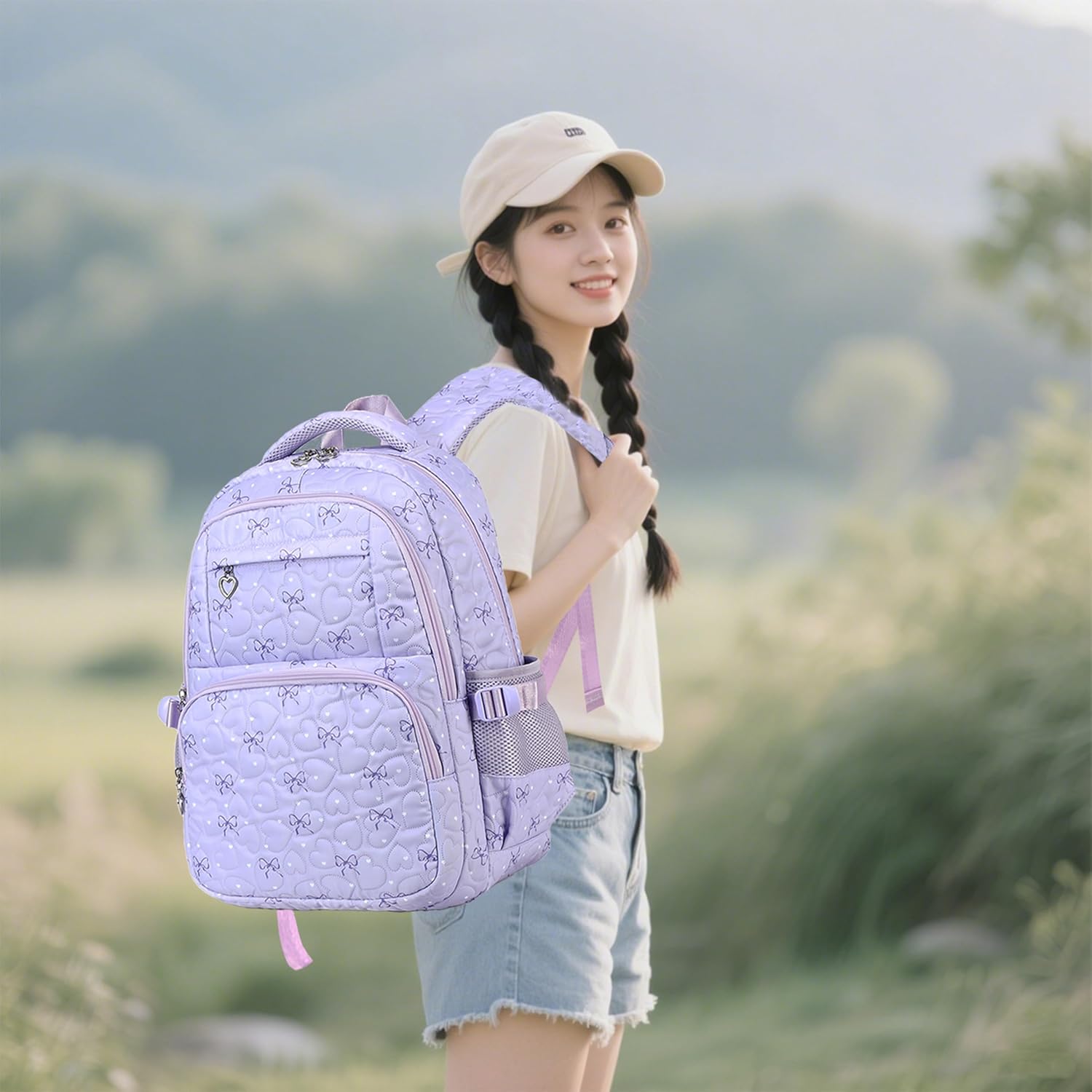 Girls Backpack Set with Bows Heart-shaped Lightweight Schoolbags for Girl Children Spacious Bookbag Waterproof(purple-2) - Image 2