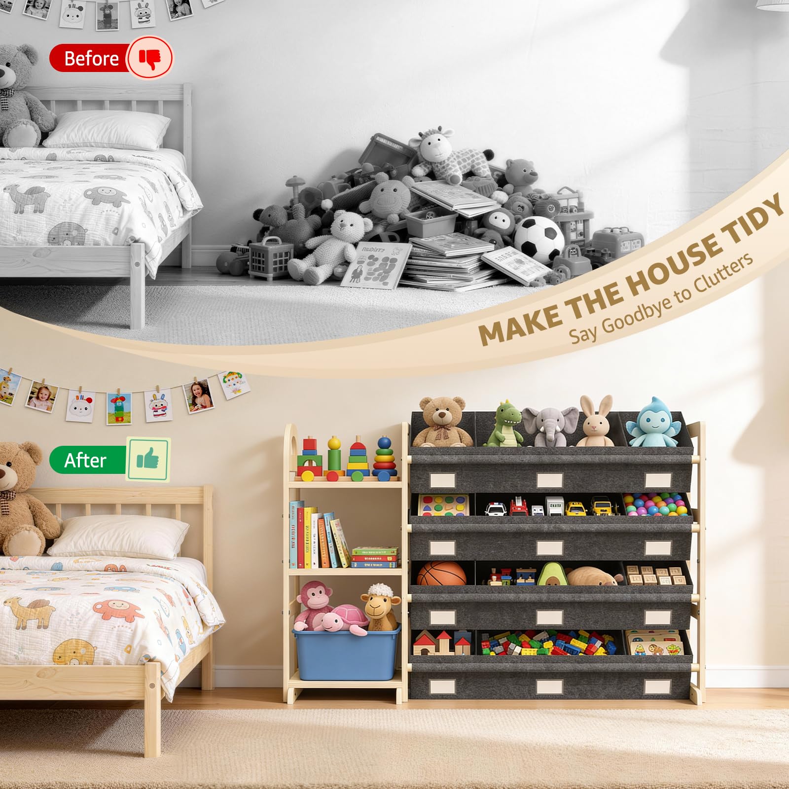Spielzeug-Organizer mit 6 Ablagen und 12 Behältern, Bücherregal/Bücherregal, Kinder-Mülleimerregal, Spielzeugkiste für Spielzimmer, Organisation für Schlafzimmer und Zimmer