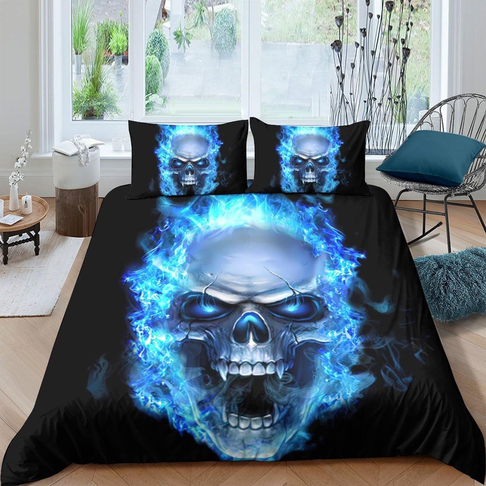 Ctjqhvkz Style-10 3D Printed Blue Flaming Skull Fitted Sheet Microfiber Soft Mattress Cover For Bedroom Dorm Decor Protection Single（135X200cm）