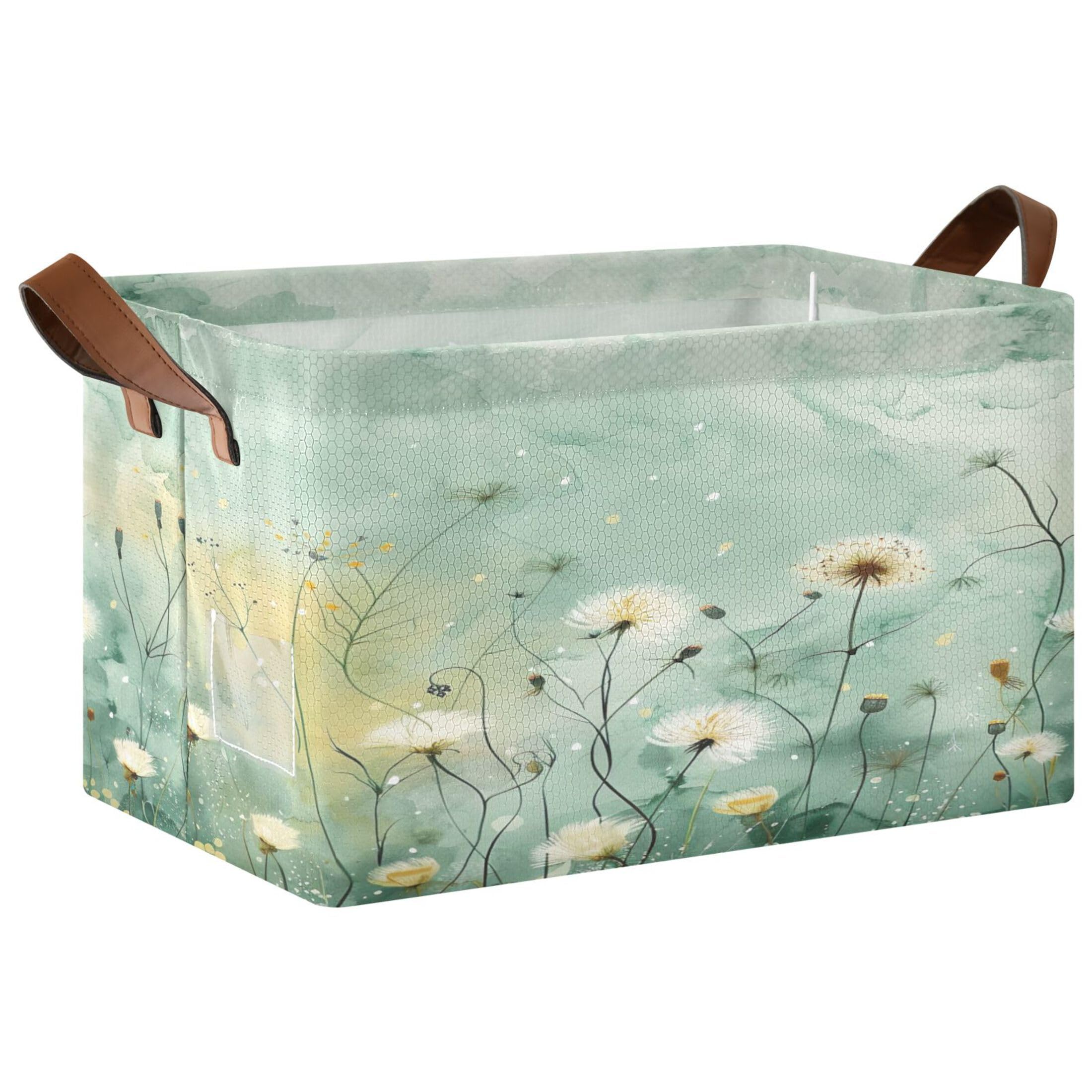 Kutsu Foldable Storage Basket Watercolor Flowers Collapsible Storage Bin with Handles for Shelves, Rectangle Basket for Home Nursery Decor, 16.9x11.4x10 in