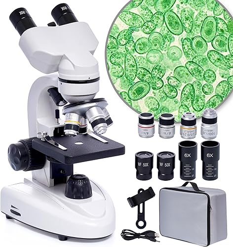 Microscopio compuesto binocular,Microscopio LED Binoculares Compuesto, 200X-5000X Ampliación,Microscopio compuesto profesional con campo amplio,