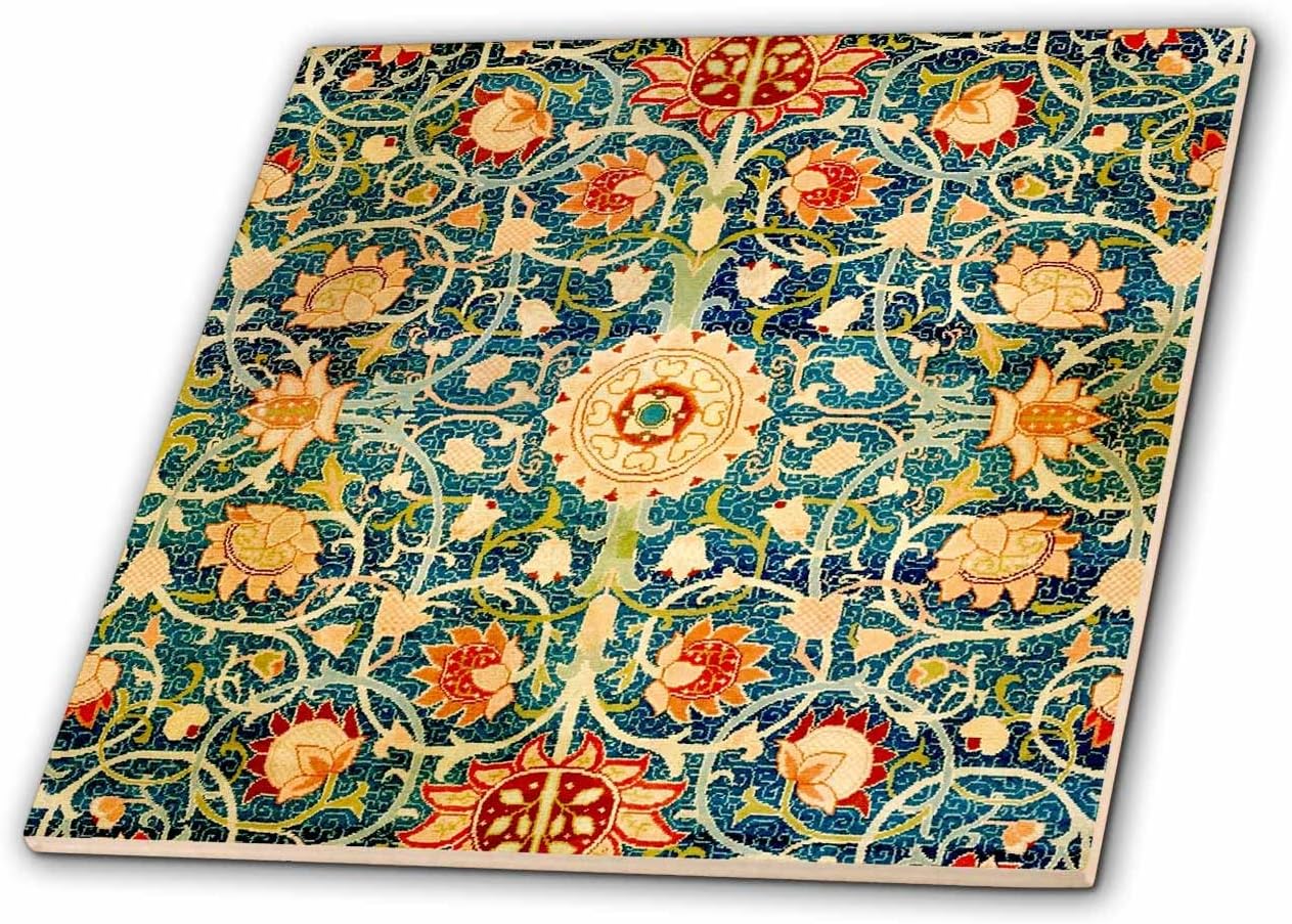 3dRose 12x12 Inch William Morris Blue Coral Orange Floral Ceramic Wall Tile - Vintage Kaleidoscope Art Decor