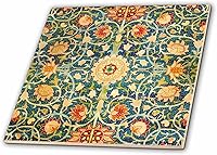 3dRose 12x12 Inch William Morris Blue Coral Orange Floral Ceramic Wall Tile - Vintage Kaleidoscope Art Decor